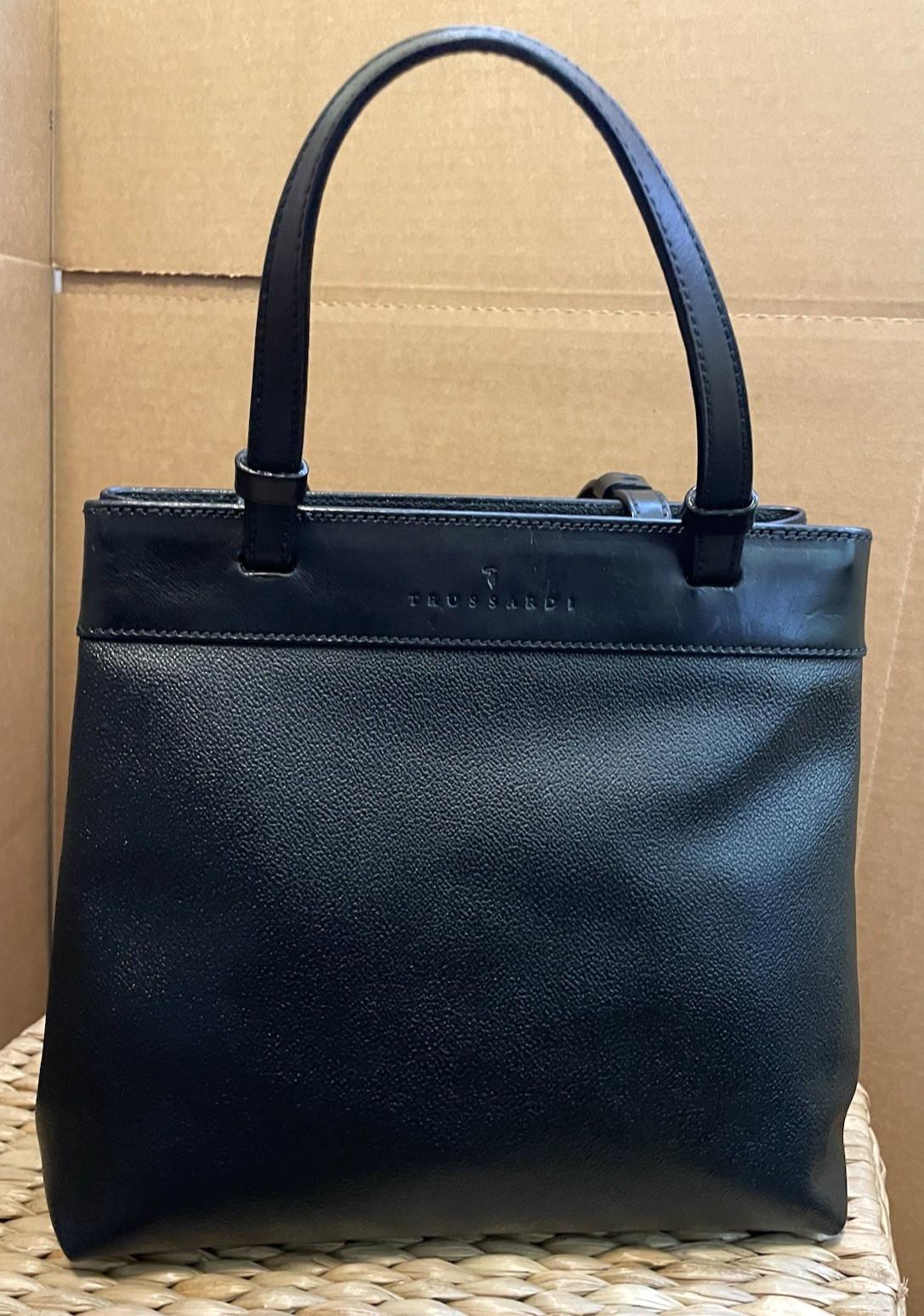 Trussardi Collezionne Crespo Black Leather 2 Handle Tote, Italy, circa 1990’s