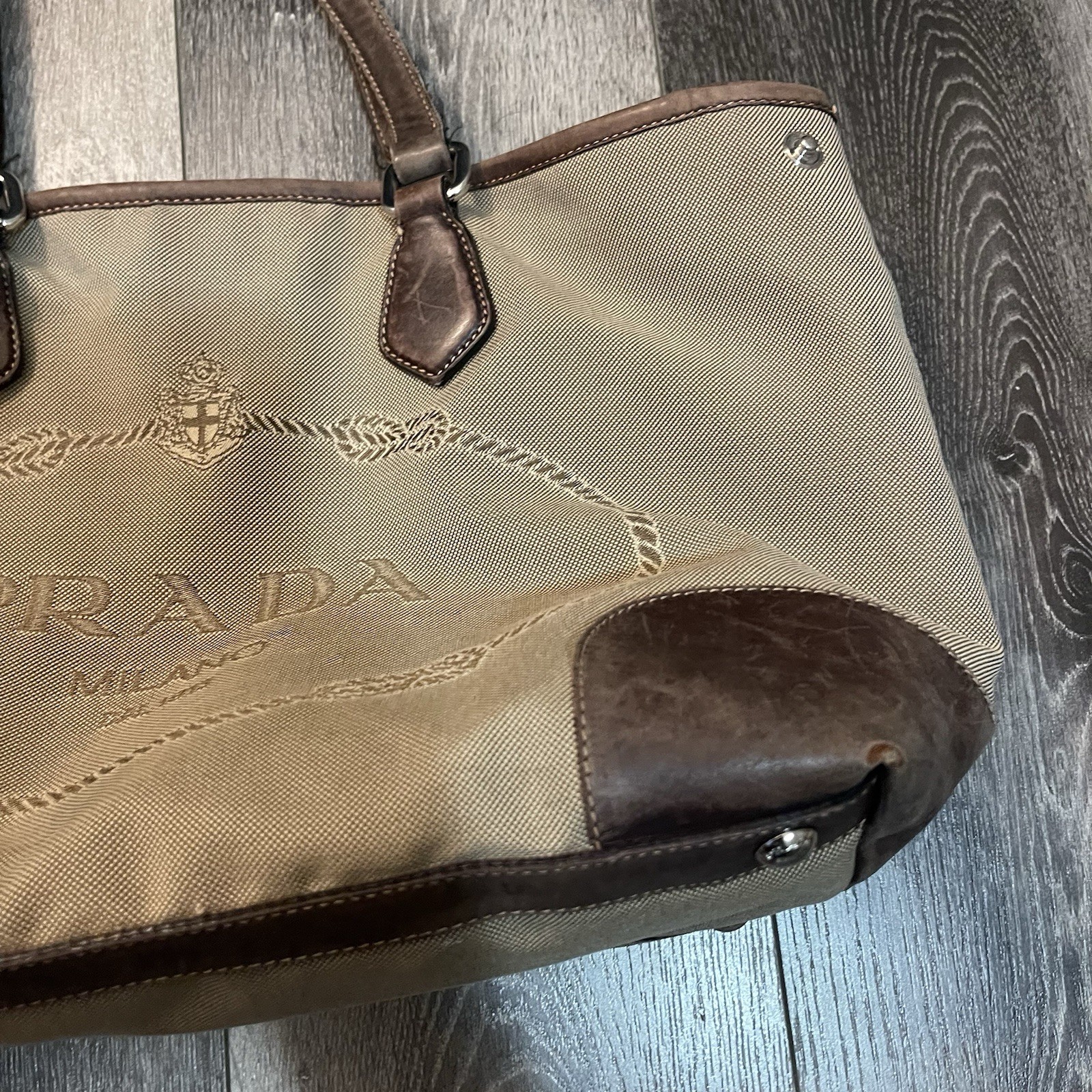 Prada Tote Bag Canvas Leather Beige Brown Silver Hardware Logo Shoulder Purse