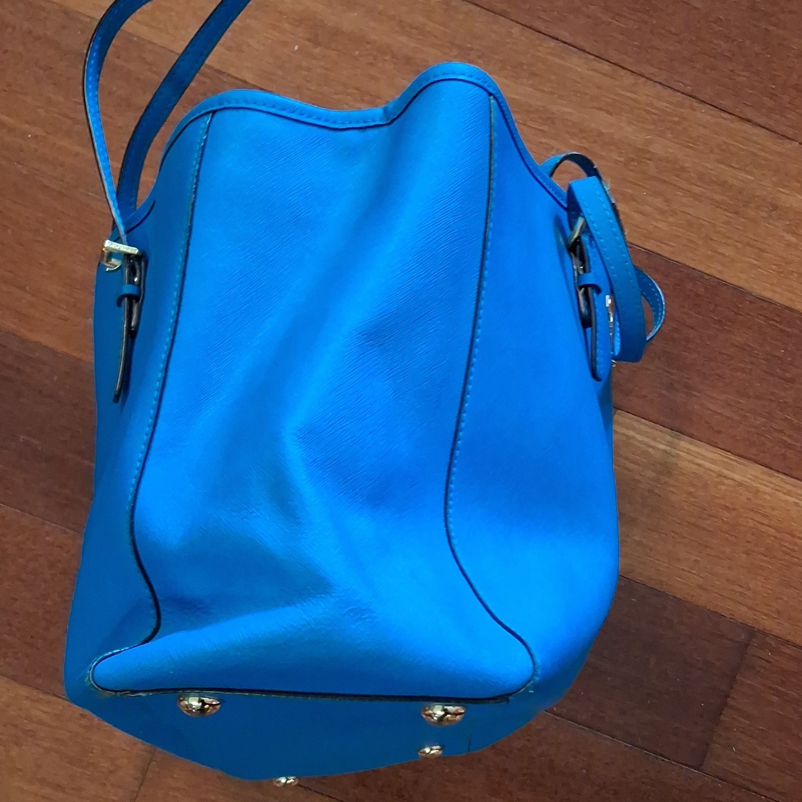 Michael Kors Blue Saffiano Leather Jet Set Travel Top Zip Tote Bag Gold Hardware