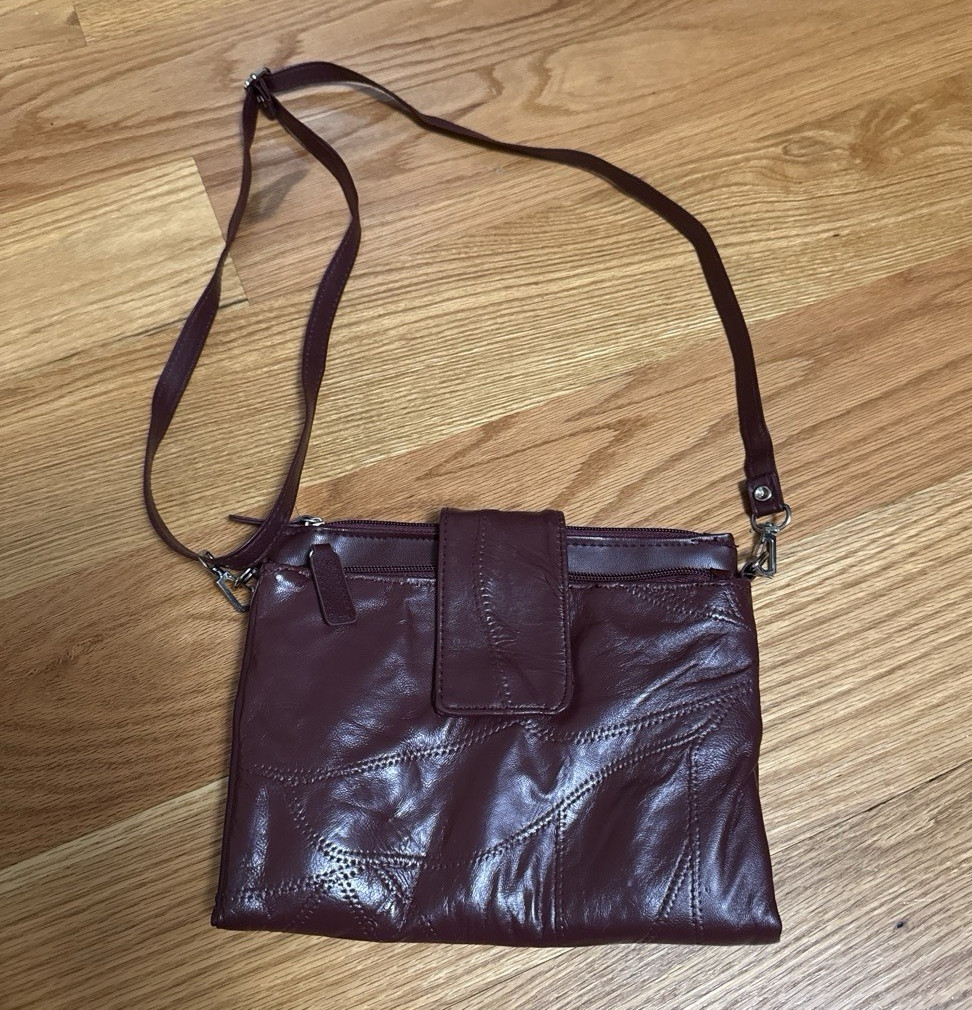Burgundy Small Crossbody Bag Zip Closure Magnetic Flap Silver Hardware