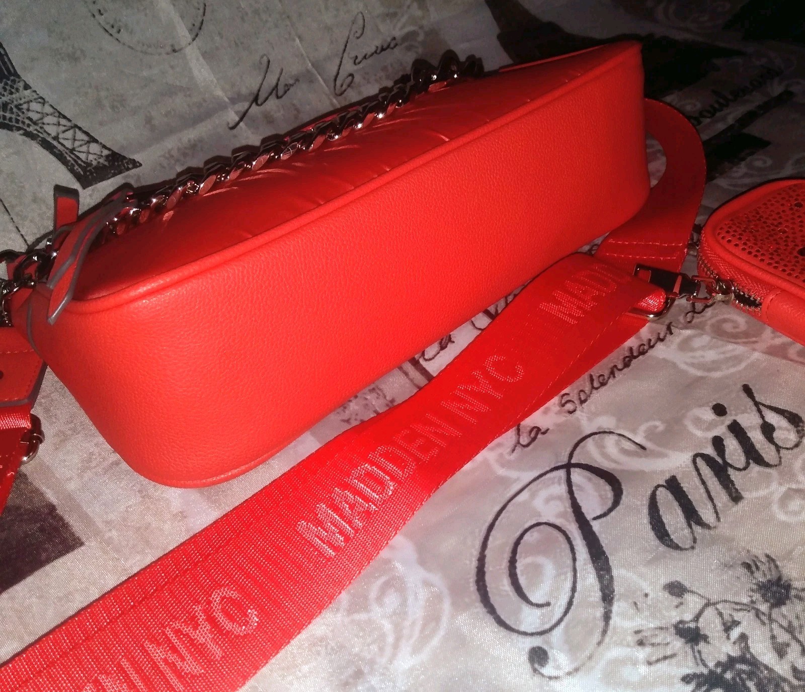 MADDEN NYC Chain Strap X-Body Tote Bag Orange(Red) Jewels/Studs Pouch NWT❤️BLING