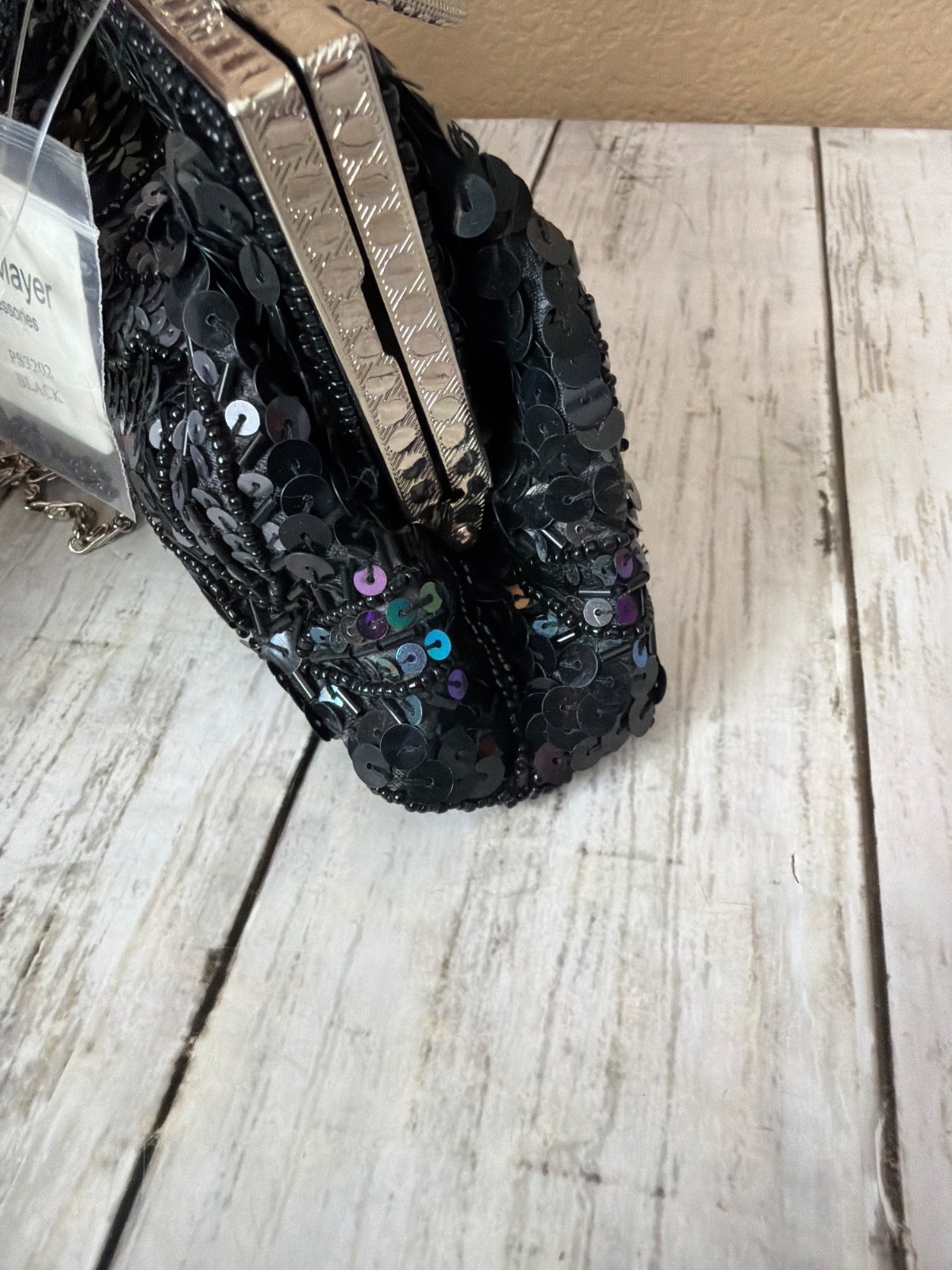 Y2K Max Mayer Black Beaded Sequin Evening Bag Clutch Kiss Lock Chain Strap NEW