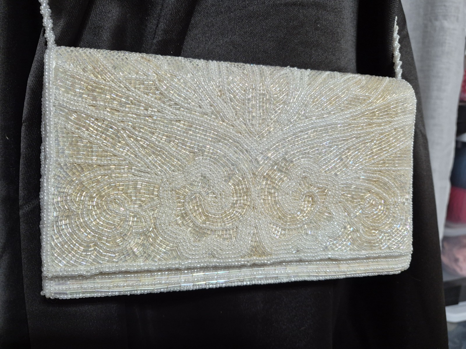 Ivory Beaded Floral Evening Shoulder Clutch, Strap, Snap Closure, Lined, Gold HW