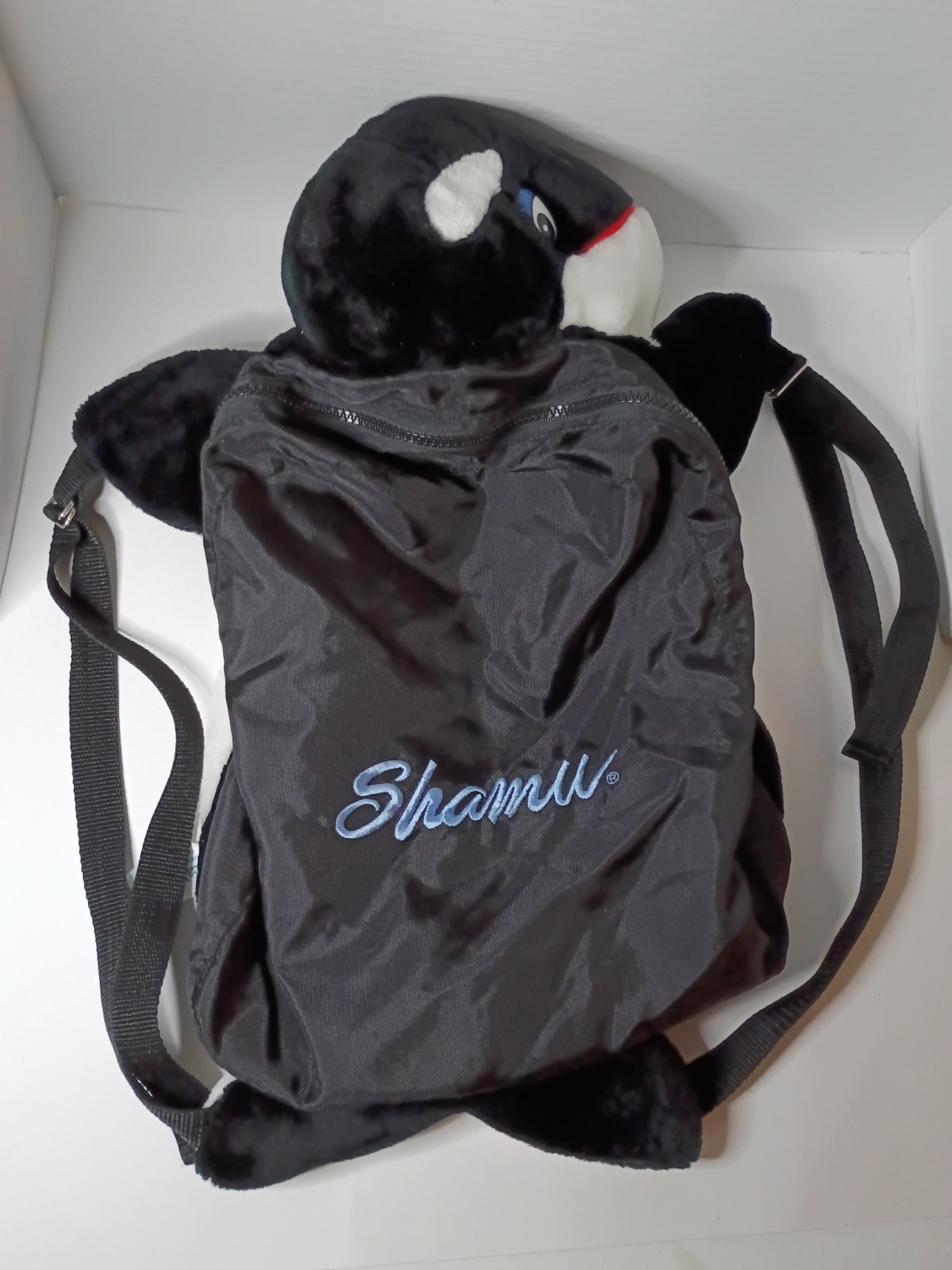 Vintage Shamu Plush Orca Whale Backpack Seaworld Black White Adjustable Strap