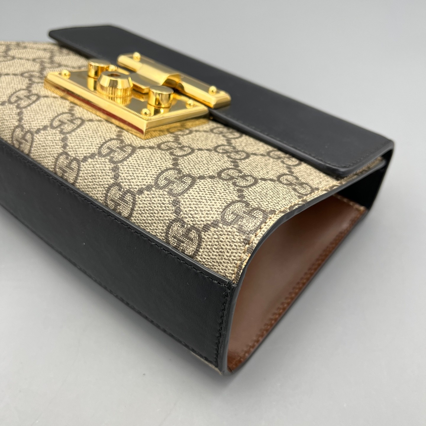AUTH GUCCI Padlock Small GG Supreme Canvas Black Leather Bag.