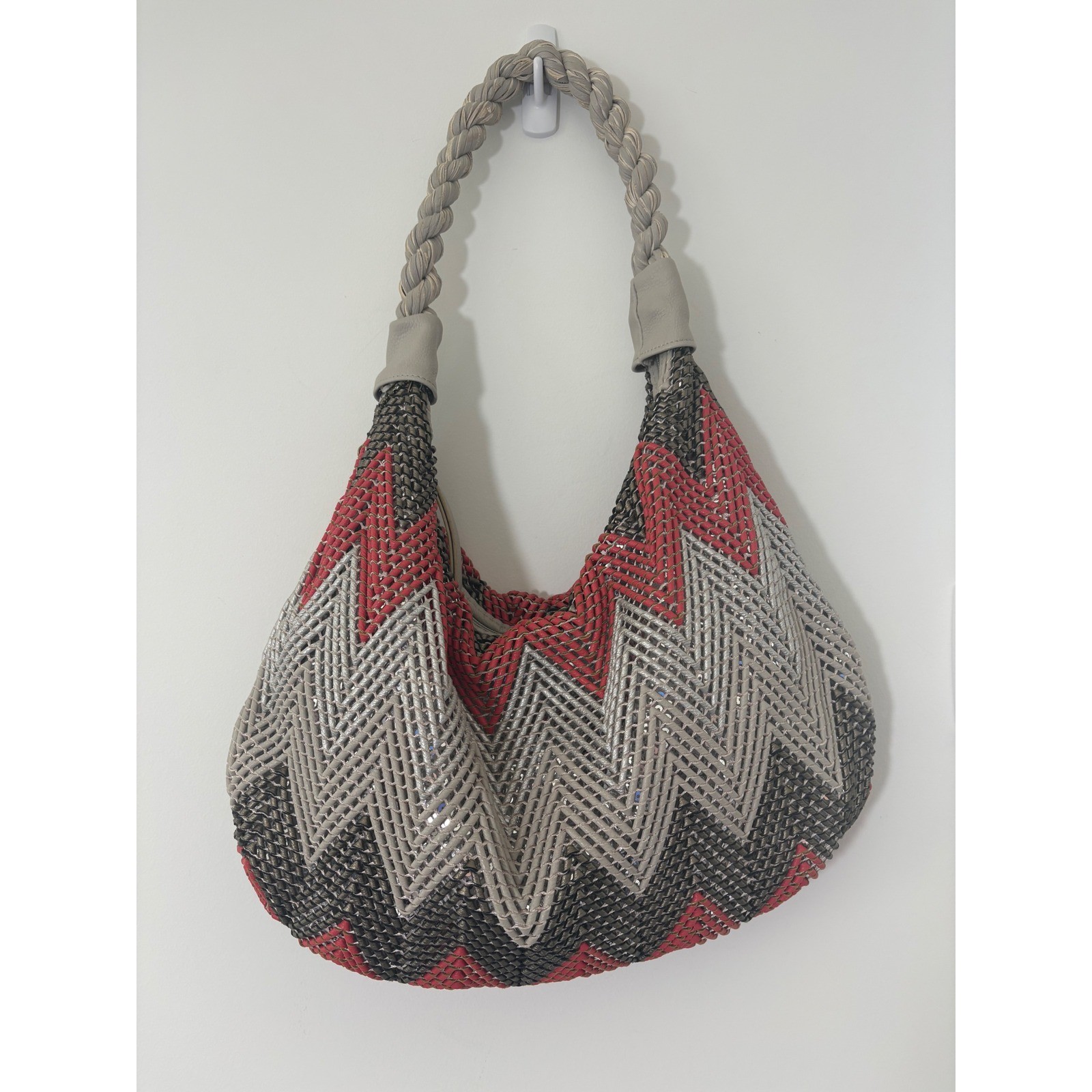 Big Buddha Woven Chevron Hobo Bag Red Grey Metallic Zig Zag Slouchy