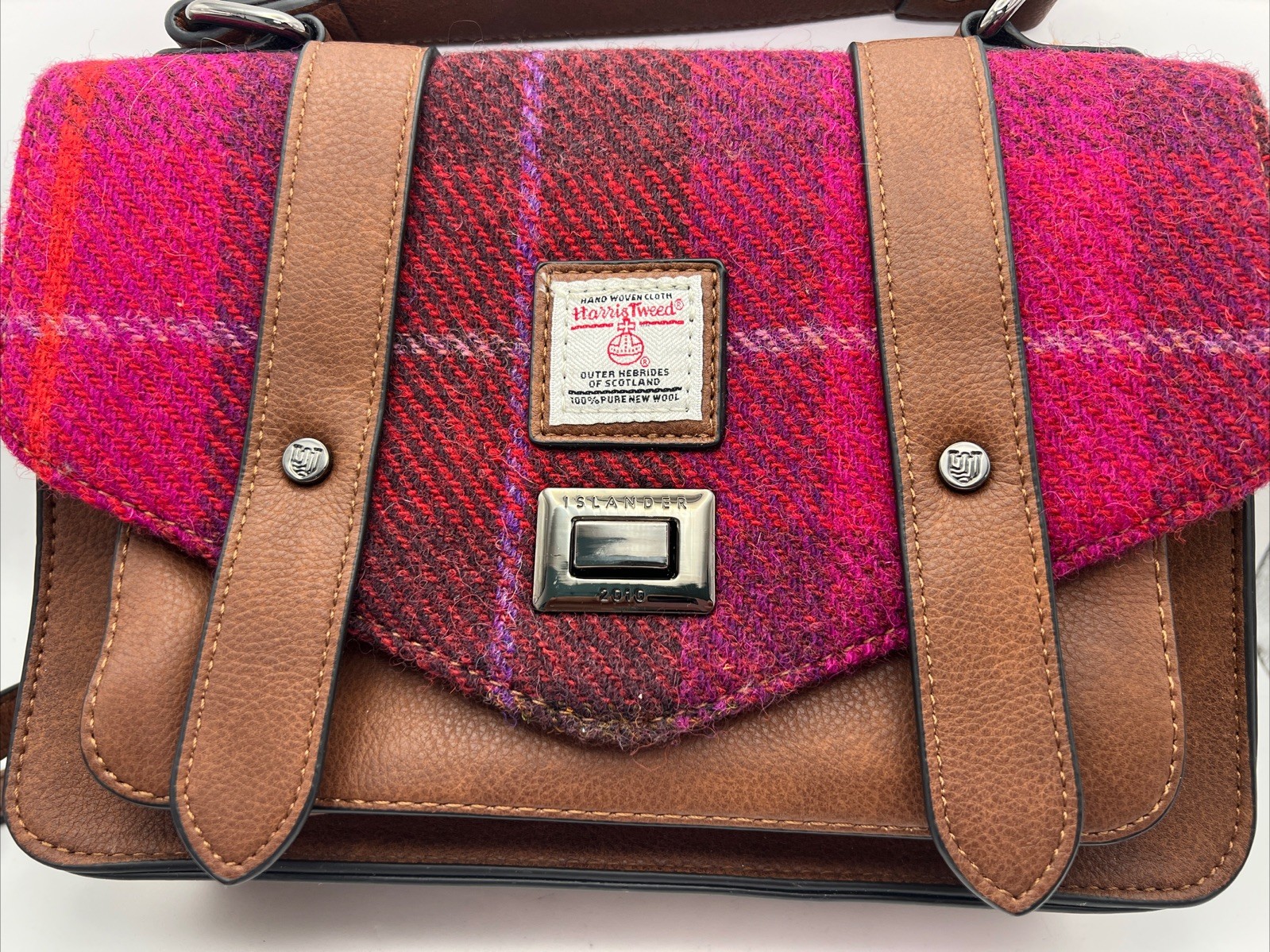 Harris Tweed Fuschia Pink Tartan Islander Leather Mini Satchel Crossbody Purse