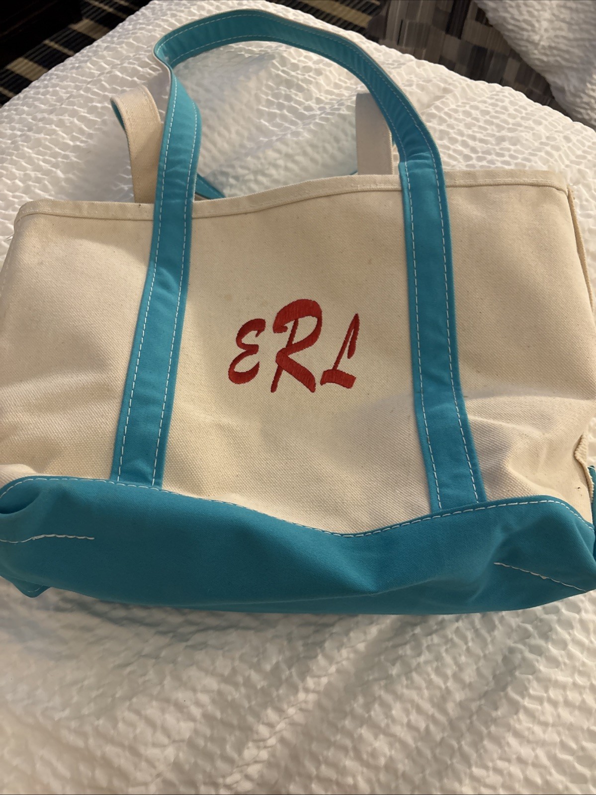 Stiff LL Bean Boat and Tote Bag Blue Aqua Small Long Handles Embroidered “ERL” *