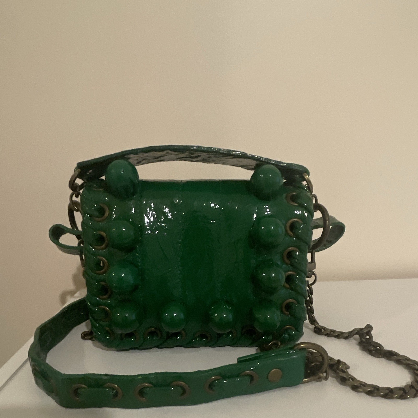 Tosha Green Patent Crossbody Mini Bag Drawstring Chain Strap Bronze Hardware