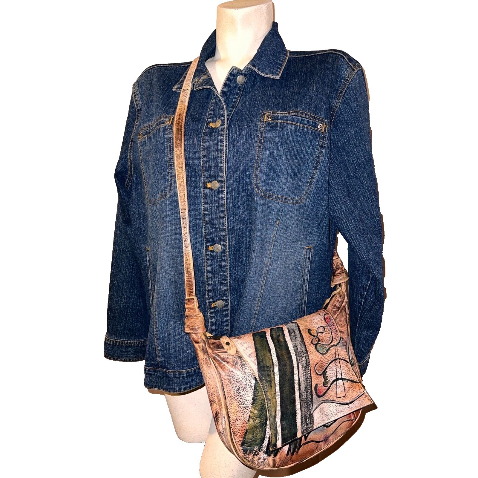 Hand Painted Abstract Leather Crossbody Bag Brown Artisan Distressed Messenger