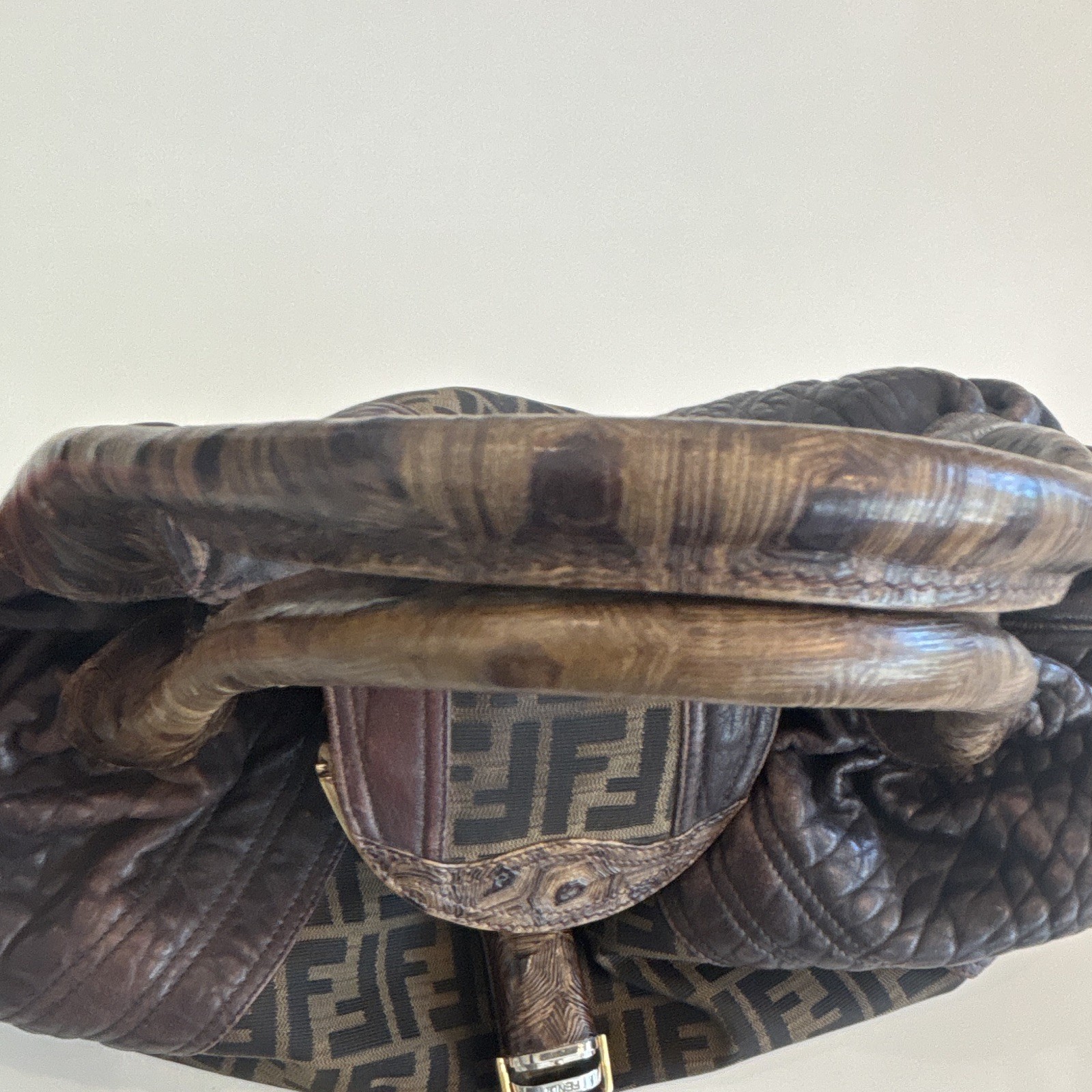 Fendi Zucca FF Monogram Brown Shoulder Bag Buckle Closure w/ Maintenance Card