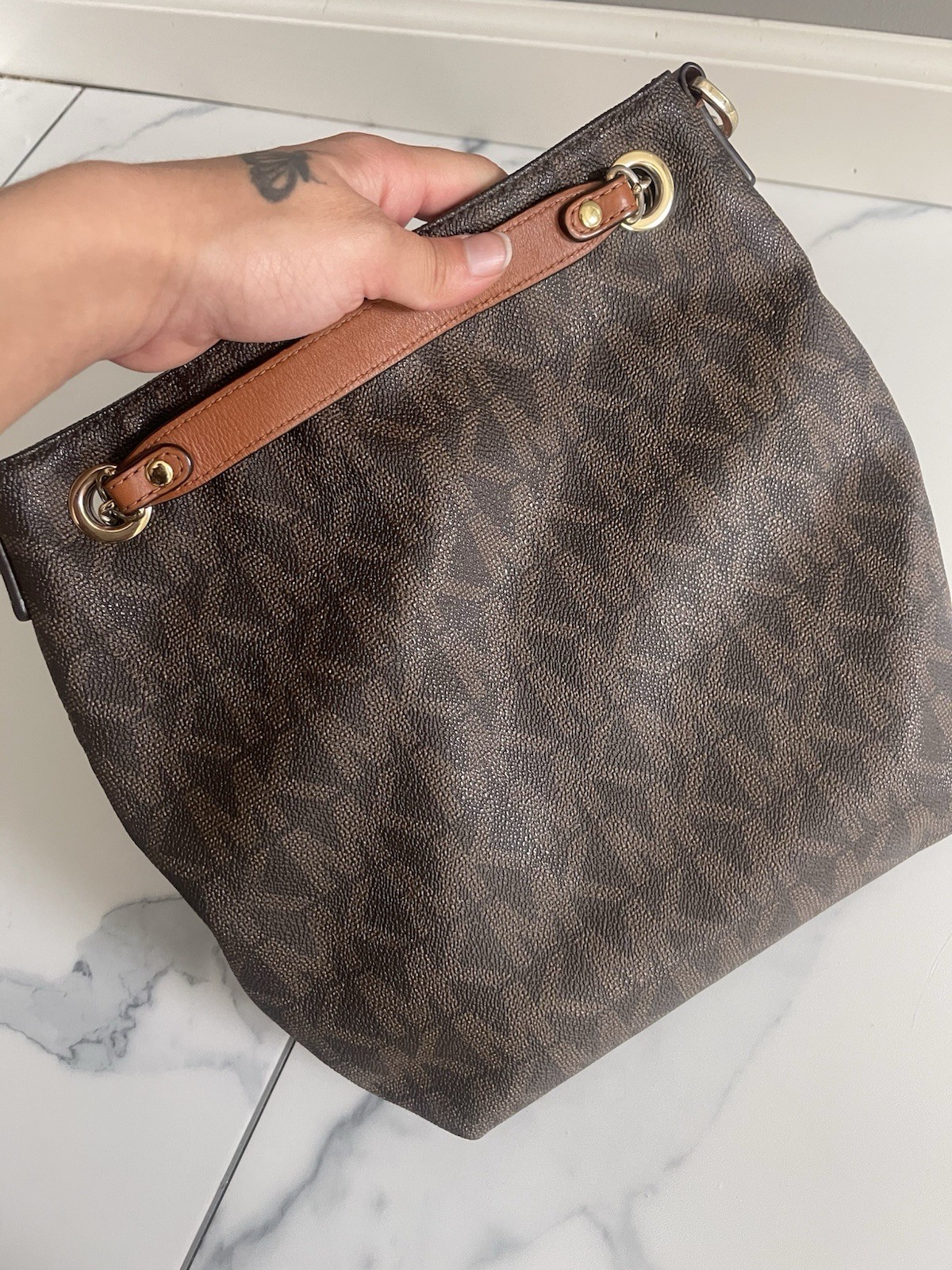 Michael Kors Brown Logo Shoulder Bag Chain Strap Zip Closure Gold Hardware Charm