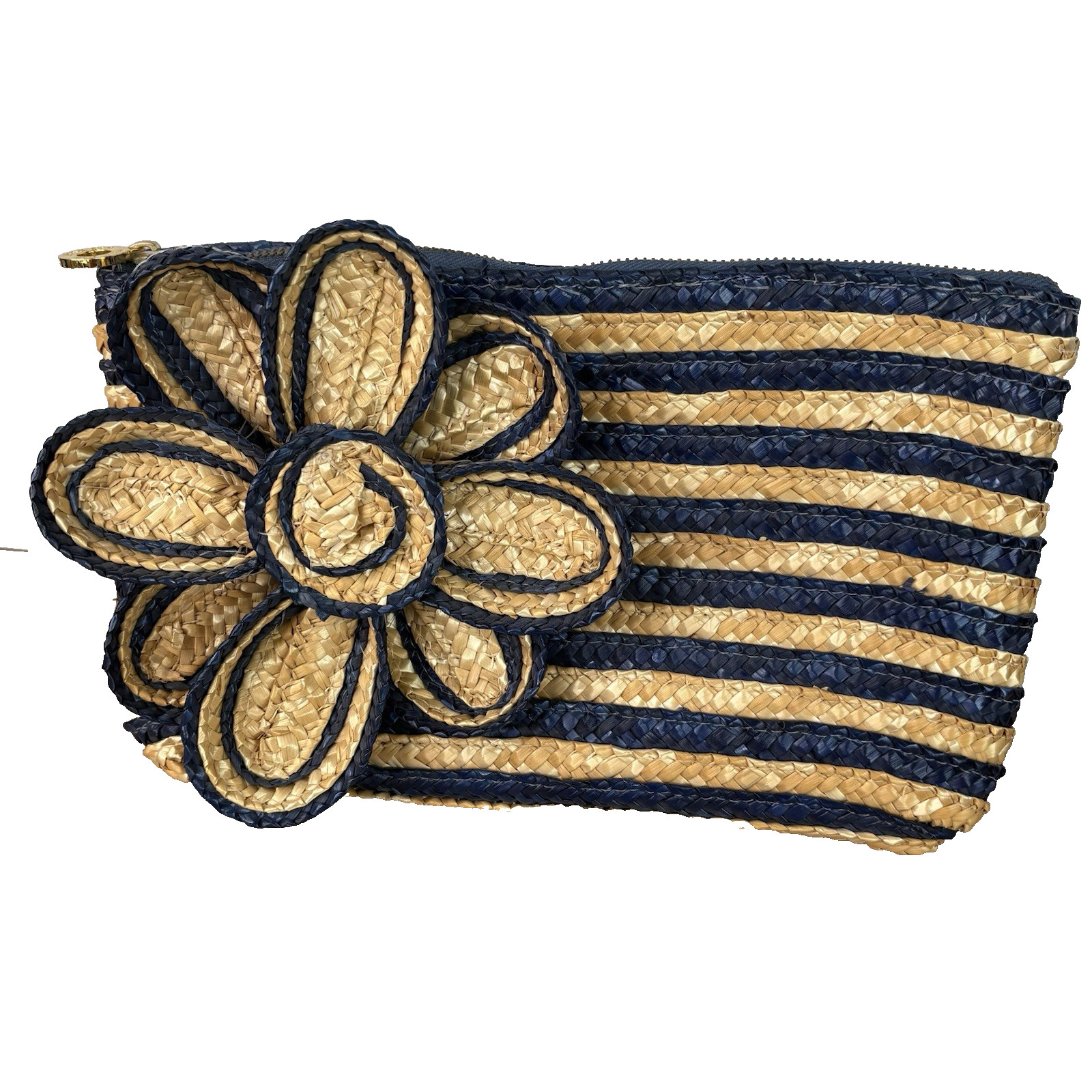 Mud Pie Flower Handbag Clutch Natural/Navy Woven Wheat Straw Stripes
