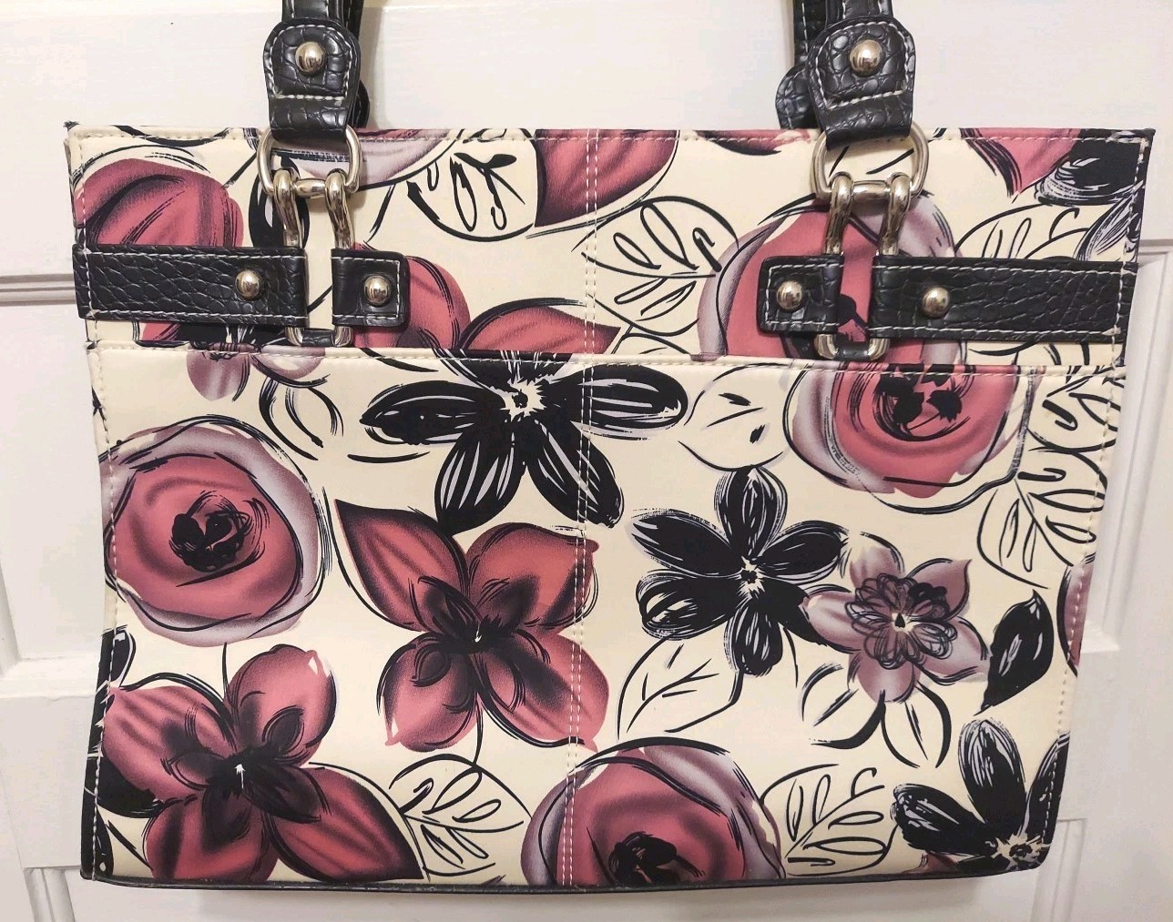 Wilson Leather Ivory, Black, Purple, Floral Print Large Tote Bag Double Handles