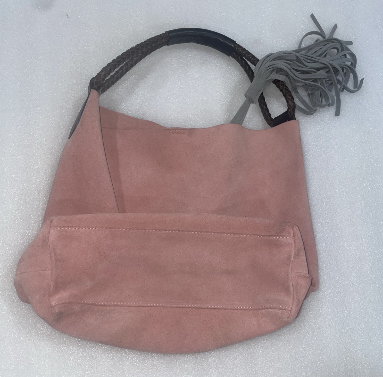 Uno Alla Volta Suede Bucket Bag Light Pink Gray Tassel Leather Woven Top Handle