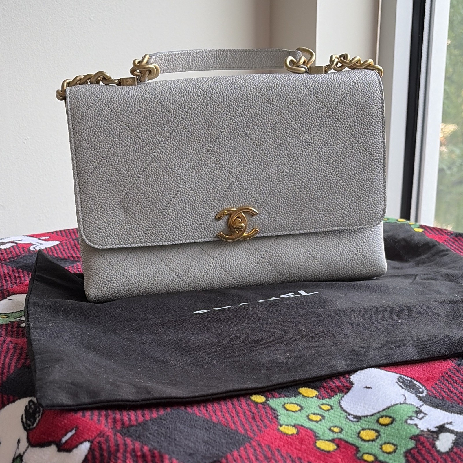 CHANEL Gray Quilted Rectangle Shoulder Bag Gold Chain Strap Turn Lock Dust Bag