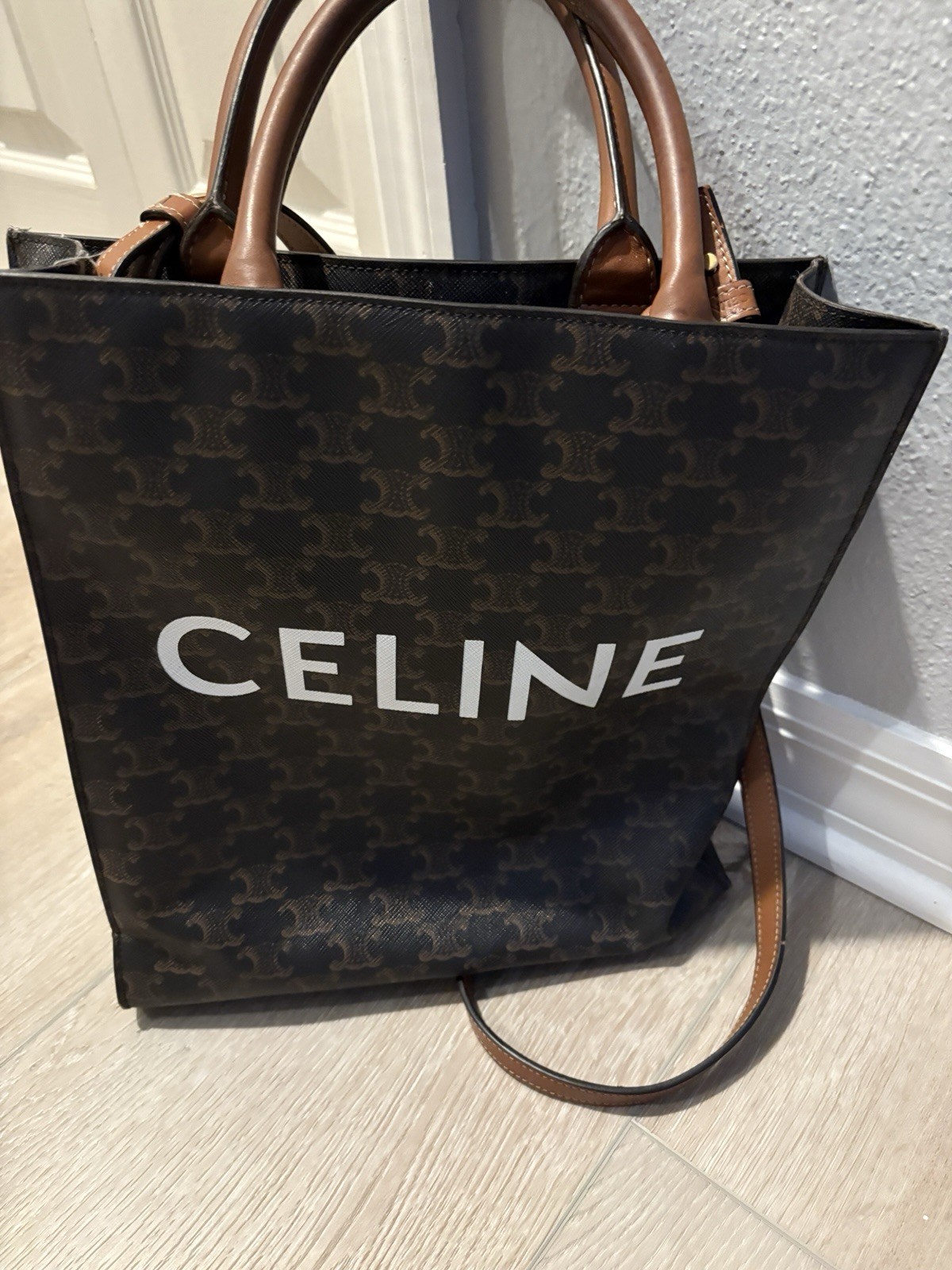 CELINE Triomphe Satchel/Top Handle Bag Small Brown Canvas
