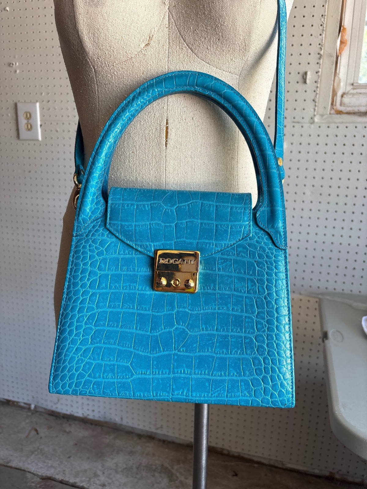 Francesco Rossani Genuine Leather Turquoise Croc-Embossed Handbag with Gold Tone