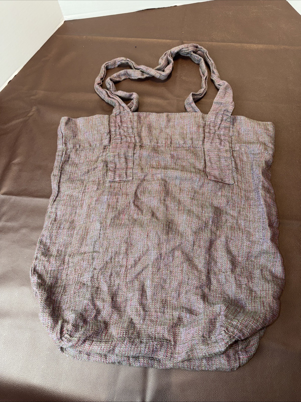 Flax 100% linen rare vintage tote bag Medium Gray/purple Red stripe