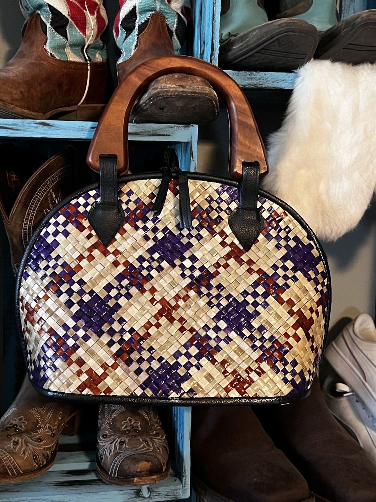 Women’s Woven Multicolor Dome Satchel Top Handle Wooden Handle Zip Lined Pockets