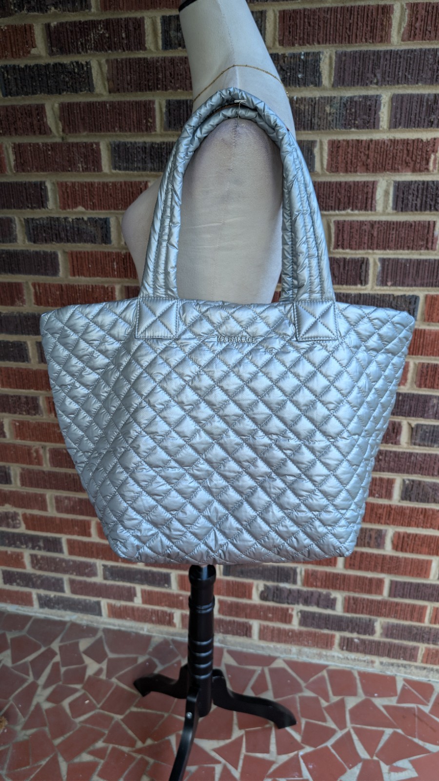 MZ WALLACE Medium Silver Metro Tote Bag w/Pouch Included -EUC
