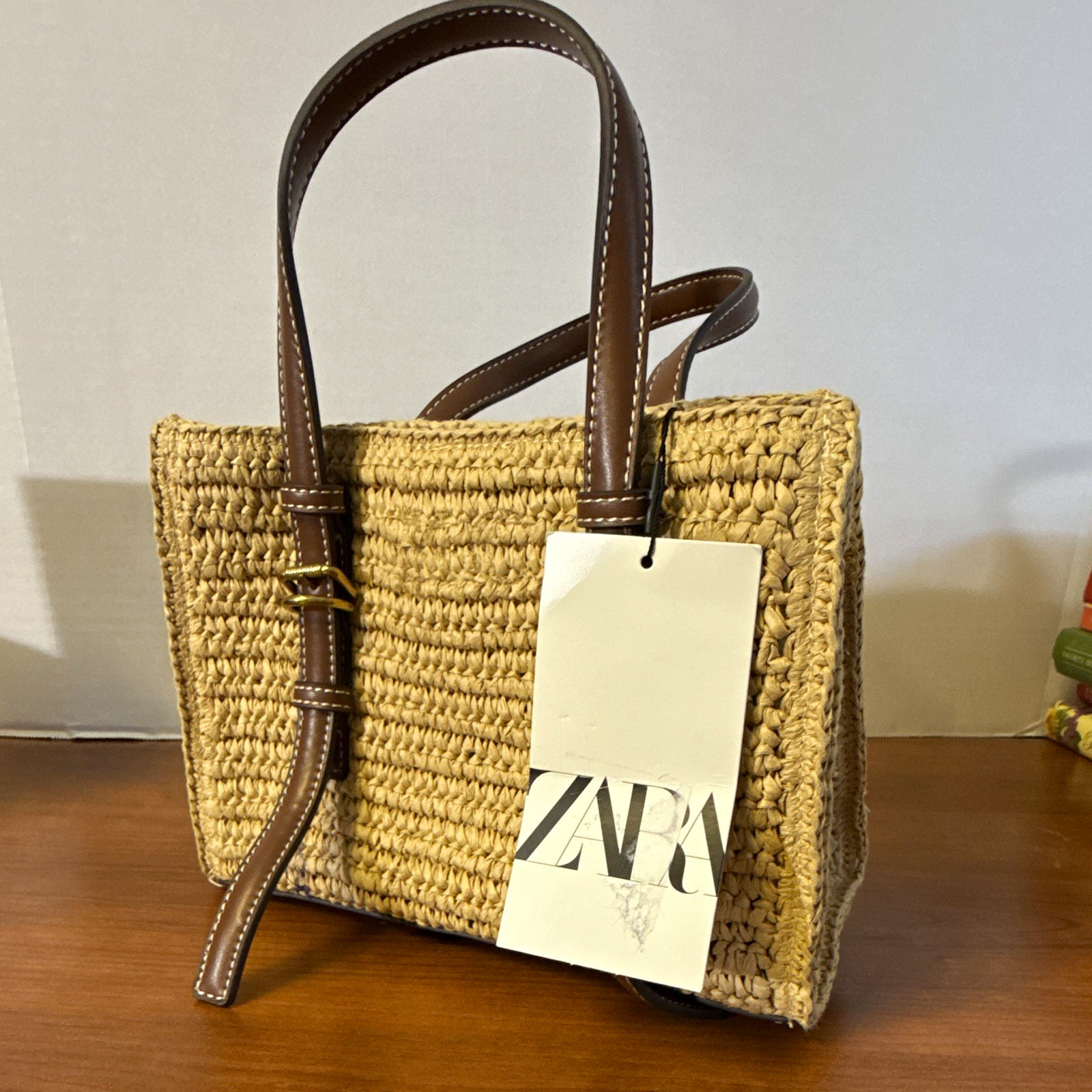 Zara Small Straw Tote Bag Snap Closure Detachable Strap Pockets Lined