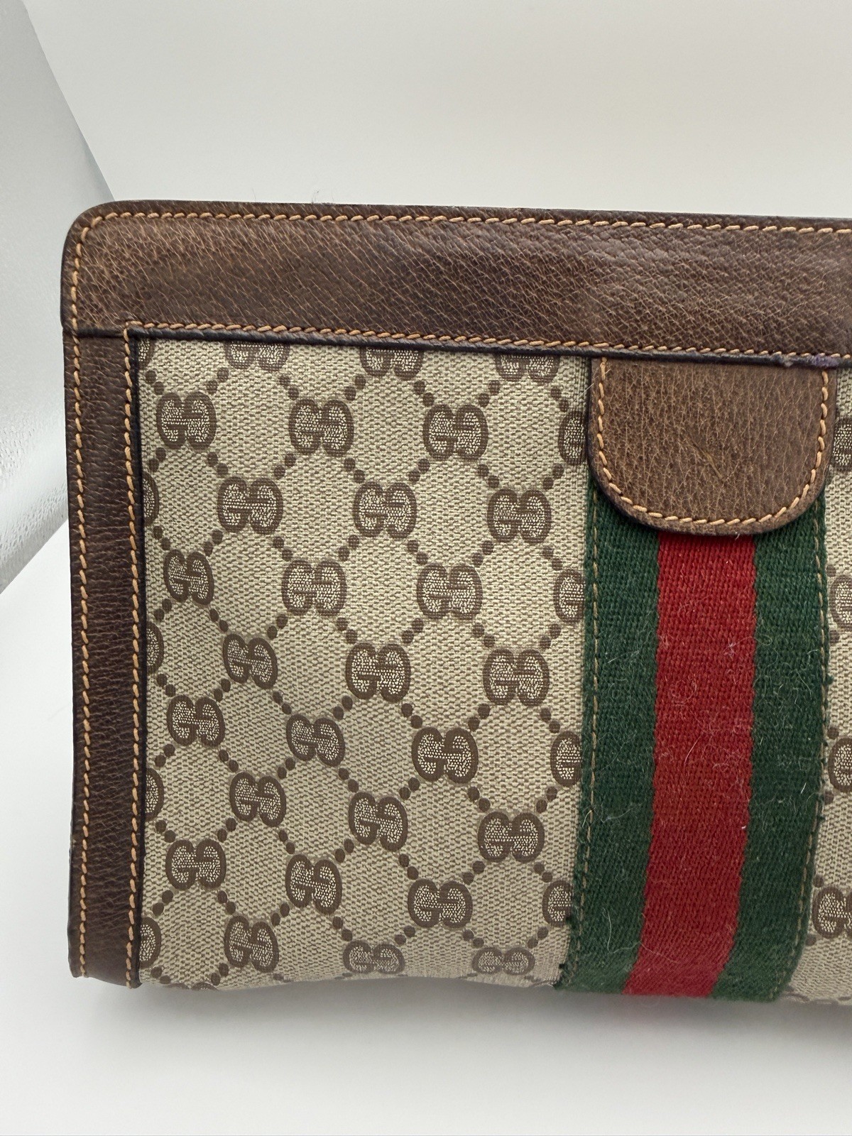 Authentic Gucci Vintage GG Supreme Clutch Web Stripe PVC Brown Classic
