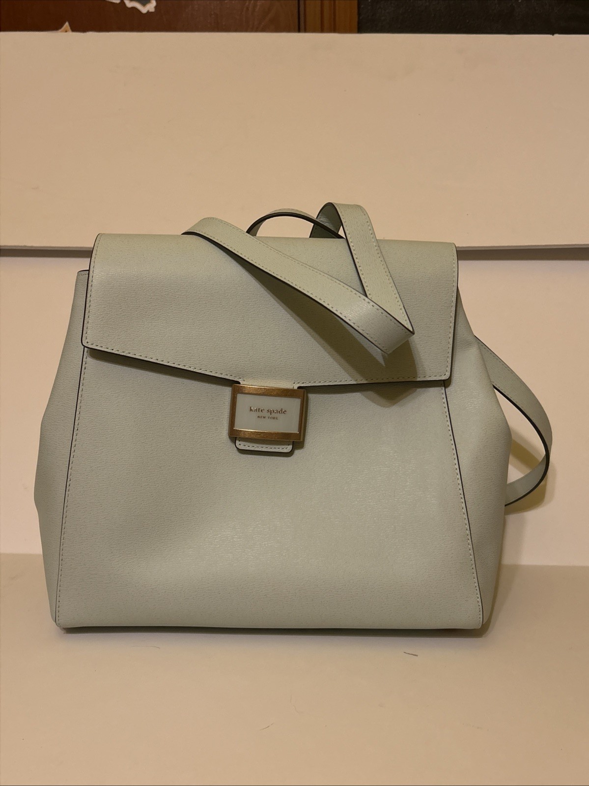 NWT$398 Kate Spade Katy Backpack Medium Flap Leather Crystal Blue greenish faded