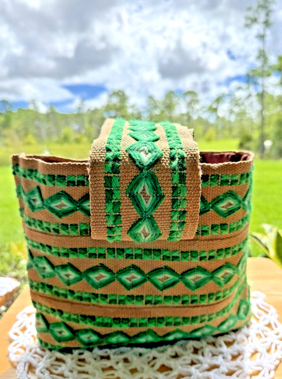 Handmade Woven Boho Hippie Bag Rustic Green Embroidered Geometric Pattern