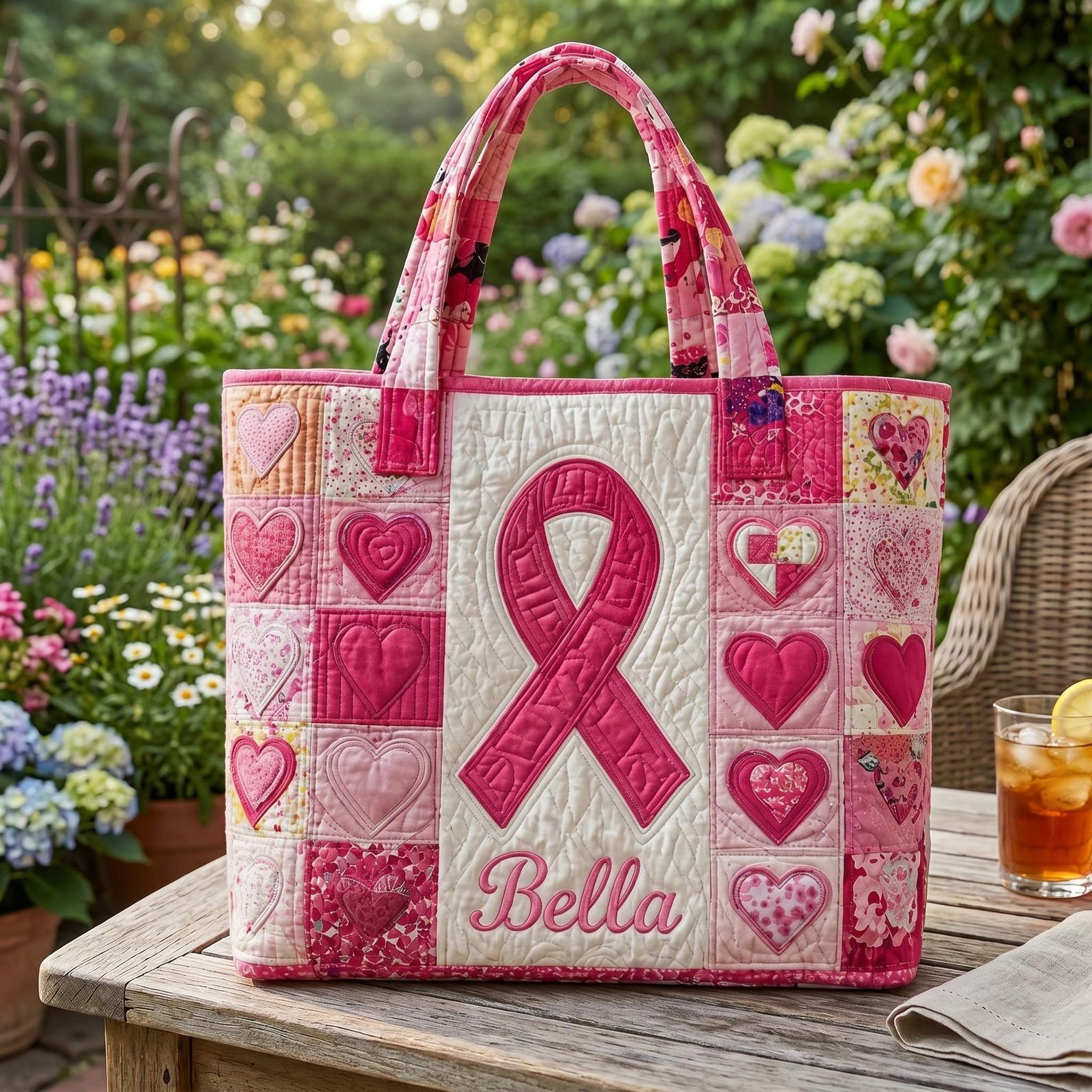 Custom Breast Cancer Awareness Tote Bag,Pink Ribbon Quilted Bag,Personalized Nam