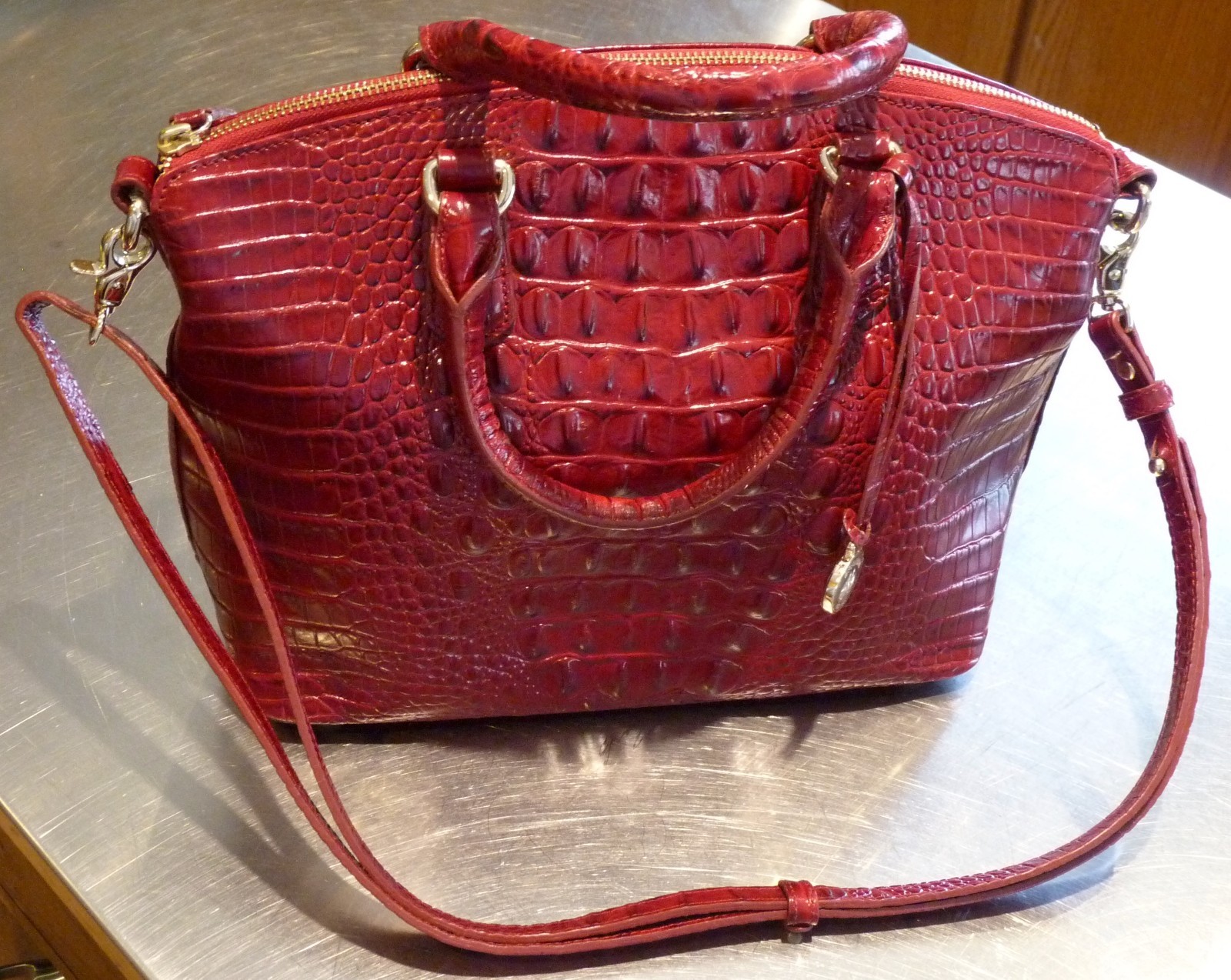 BRAHMIN Duxbury Melbourne Pink Red Croc Embossed Leather Satchel Bag