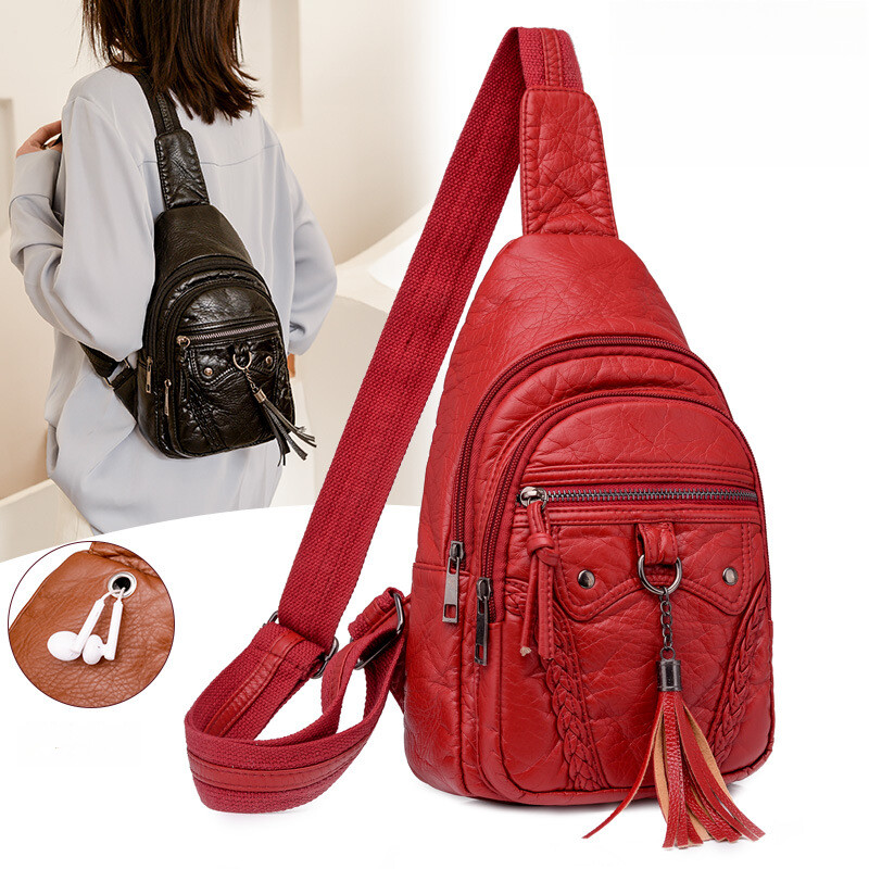 Leather Sling Bag for Women Waterproof Crossbody Bag Chest Bag for Travel Hiking