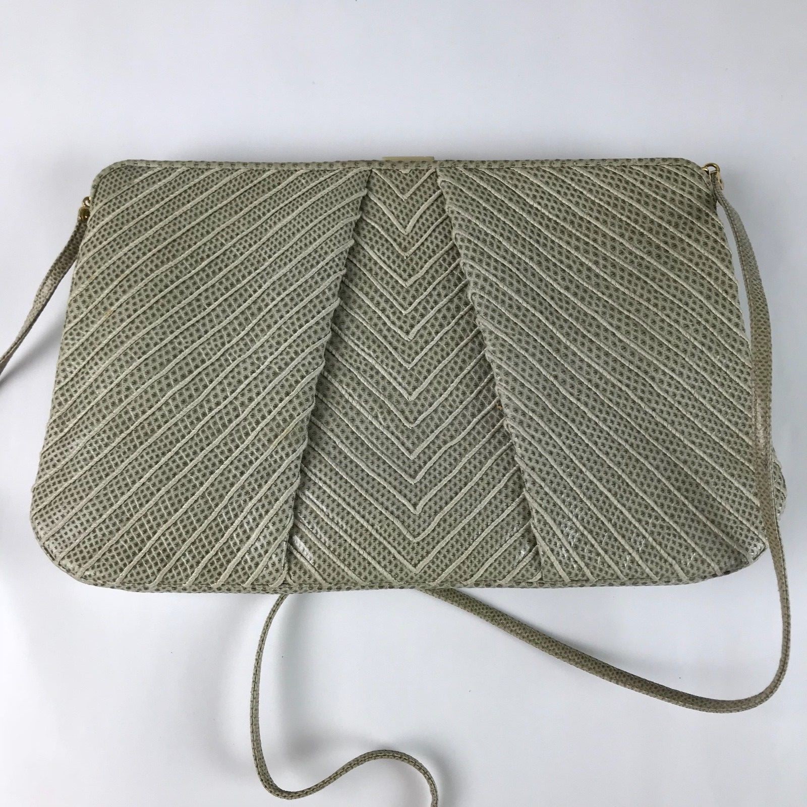 Judith Leiber Celery Green Lizard Leather Gold Tone Hardware Small Handbag