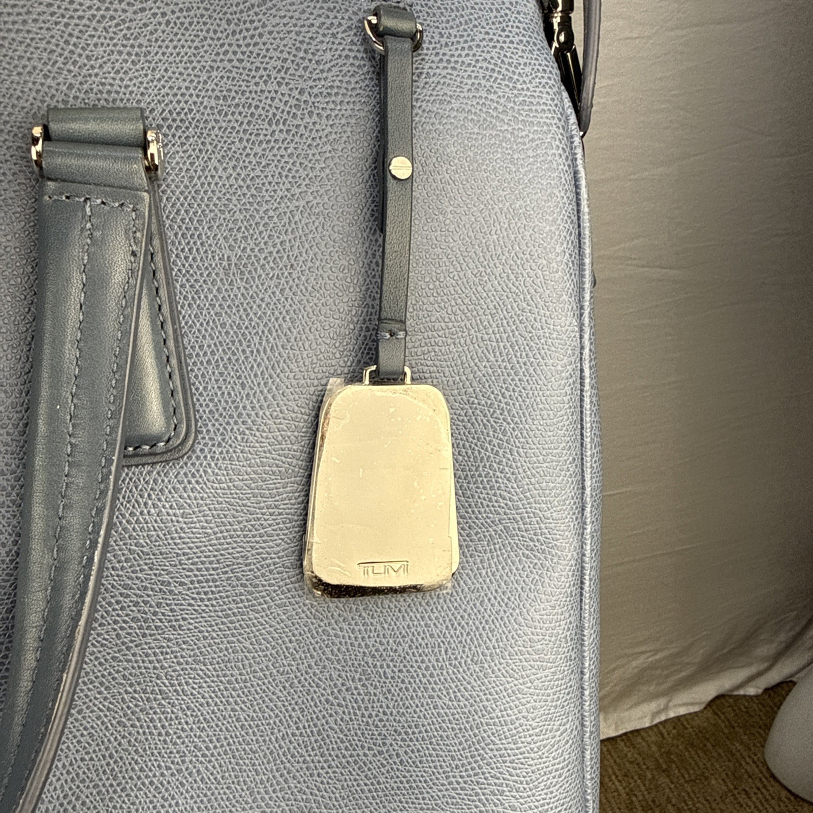 Tumi Sinclair Elaine Commuter Brief Tote Bag Cornflower Blue Leather Crossbody