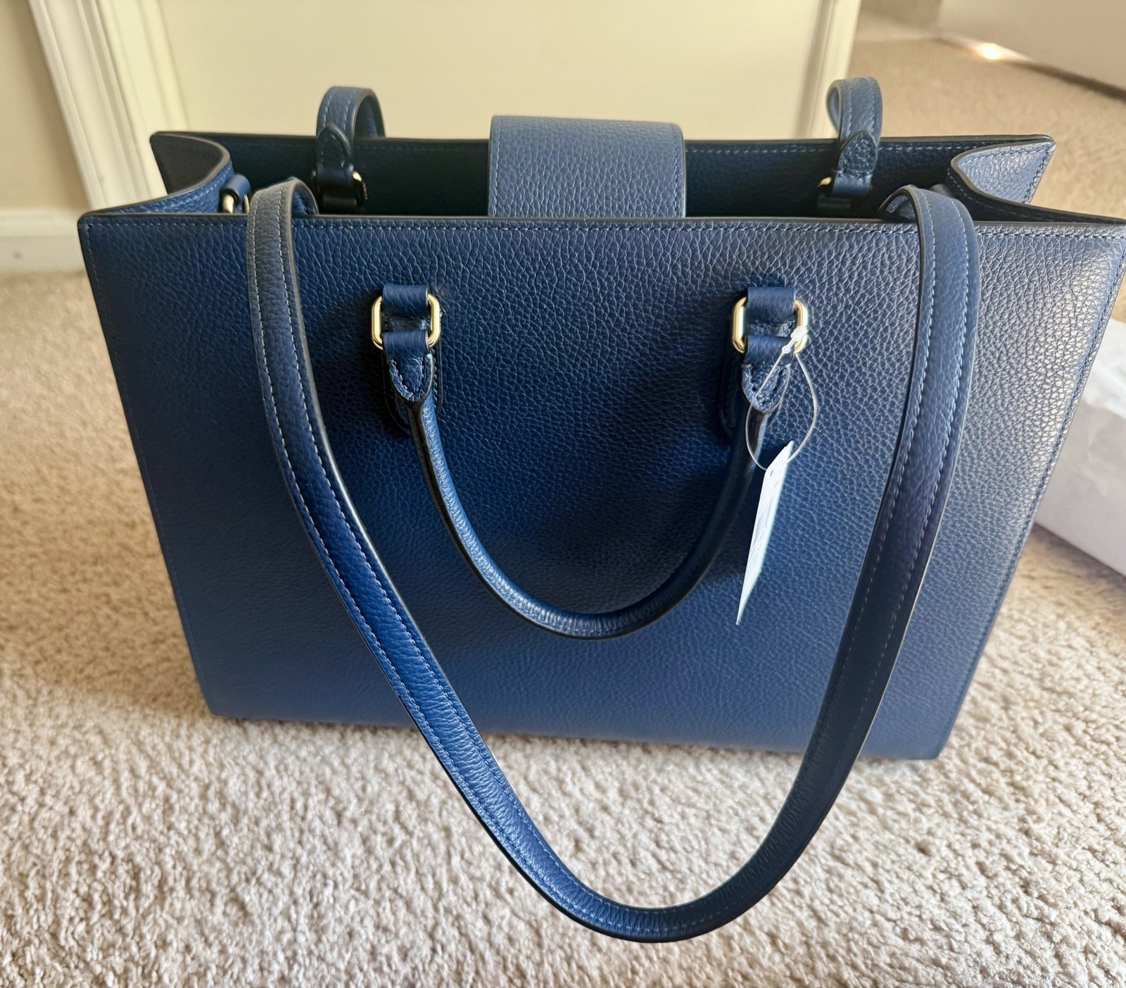 NWT Coach Maggie Tote Bag Refined pebble leather CY666 Gold/Deep Blue