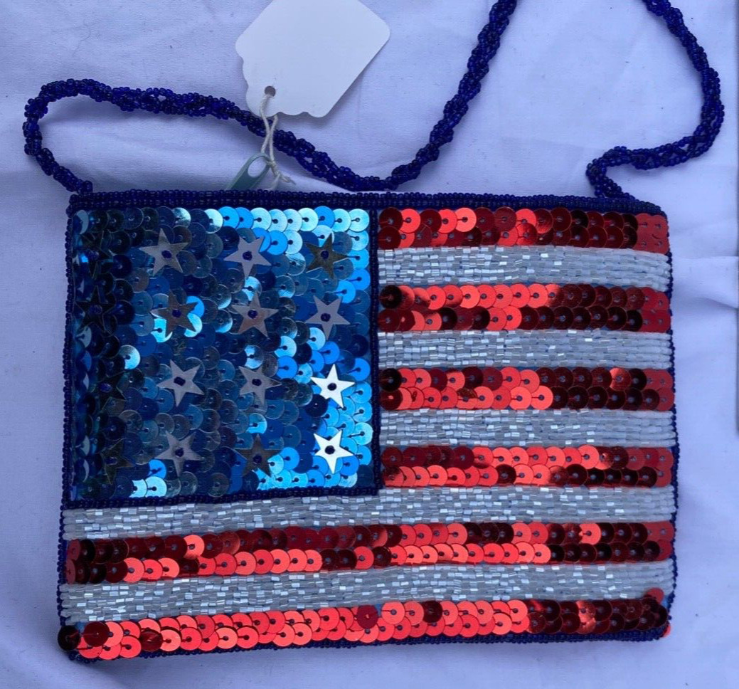 Sequin US American Flag Small Chic Crossbody Bag 7″ x 5″ Handmade NEW NWT