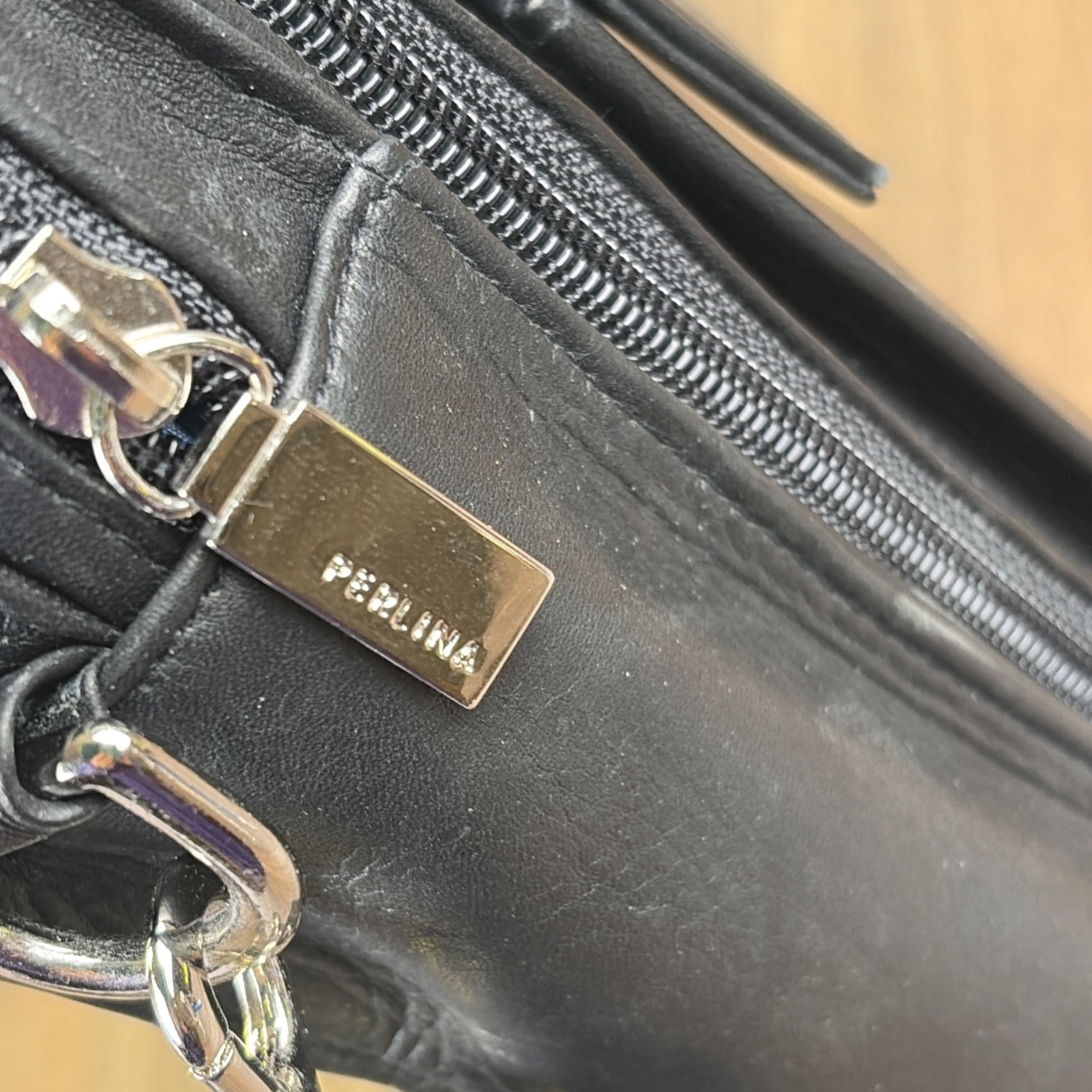 Perlina Black Leather Crossbody Bag Multi Zip Organizer Messenger Handbag