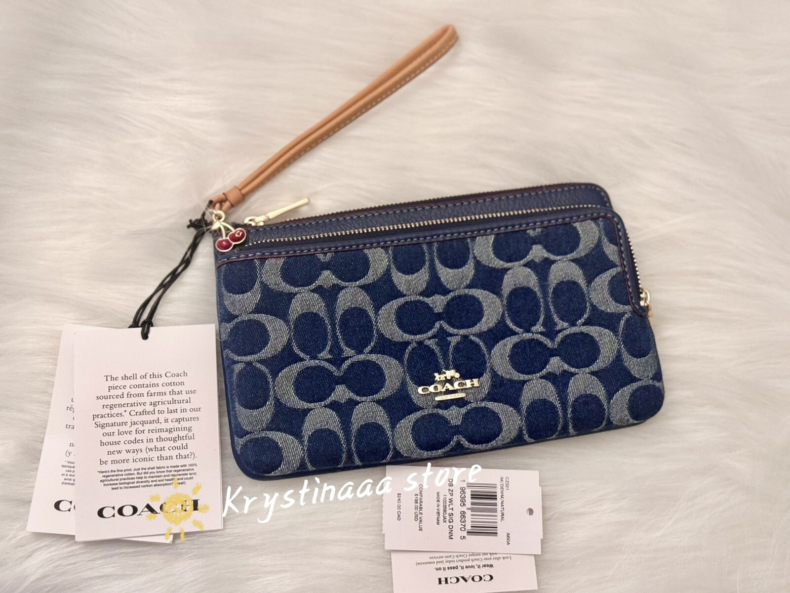 Coach Double Zip Wallet In Signature Denim CZ321 With Cherry Charm NWT