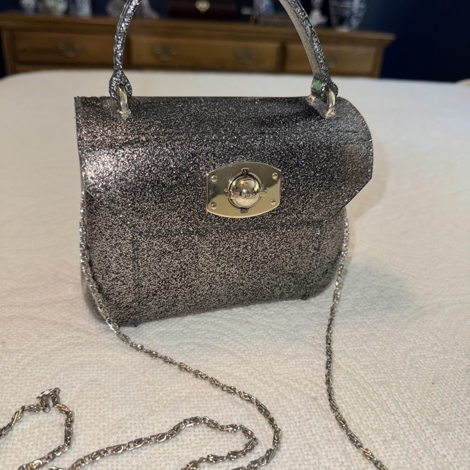 Furla Gray Silver Glitter JELLY Candy mini Satchel Crossbody Bag Italy 2WAY