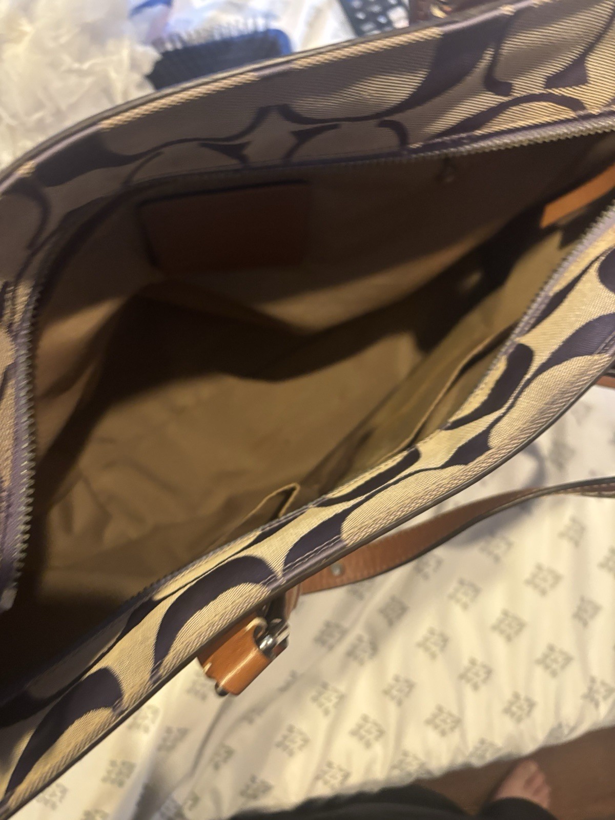 Coach Beige Purple Brown Tote Shoulder Strap Zip Logo Stitching Silver