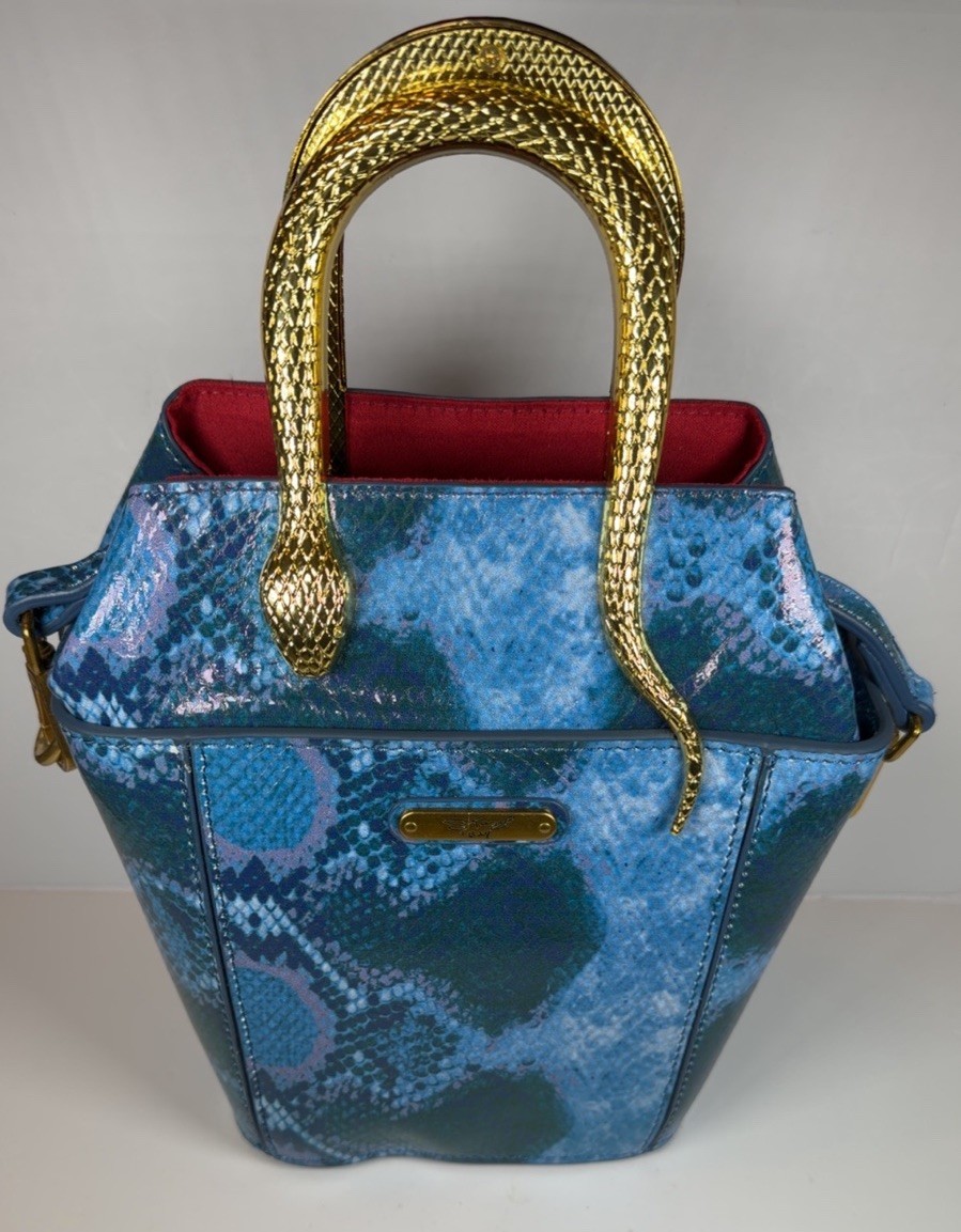 Sharif Blue Snake Print Small Satchel Top Handle with Detachable shoulder Strap
