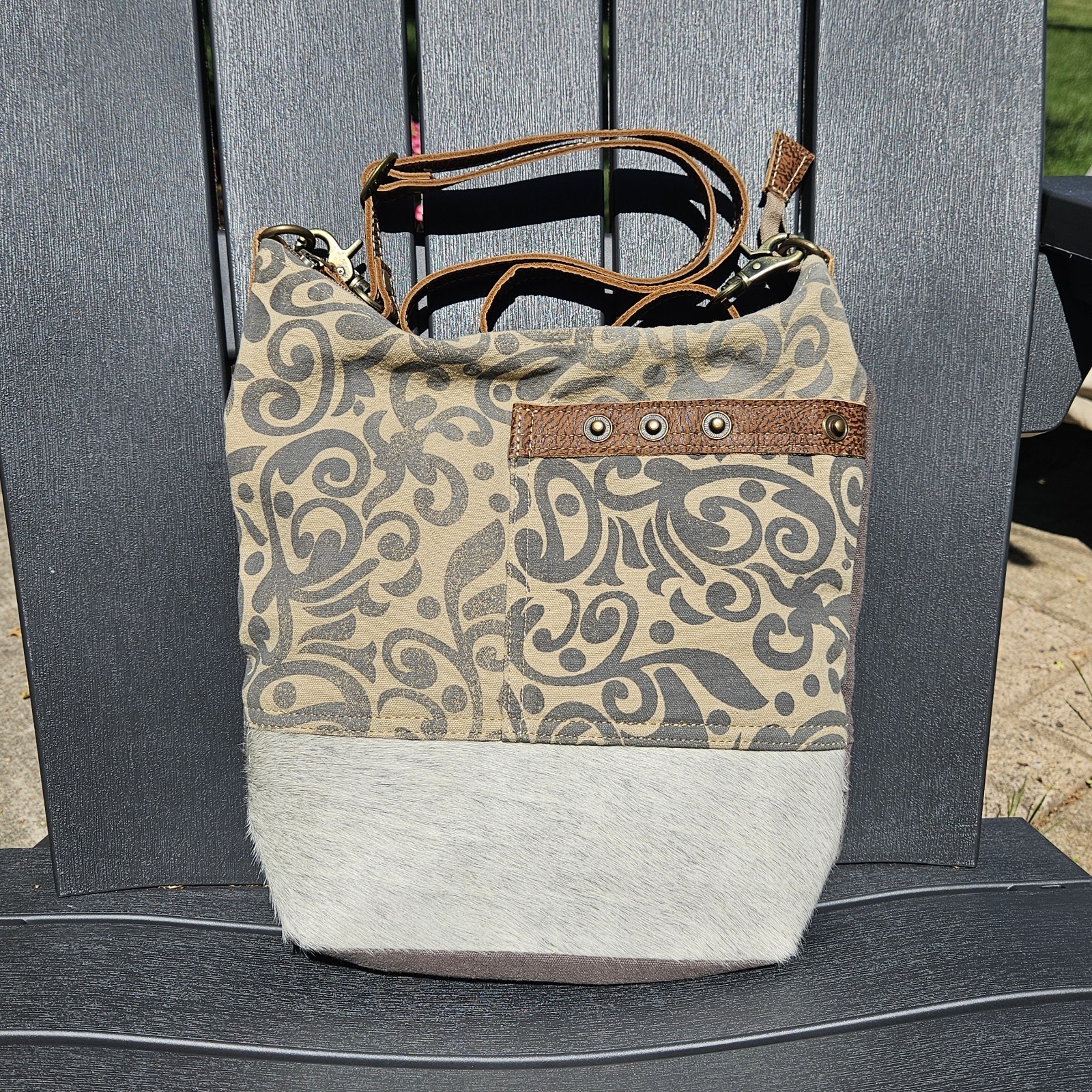 Myra Bag Boho Western Crossbody Purse Calf Hair And Brown Canvas