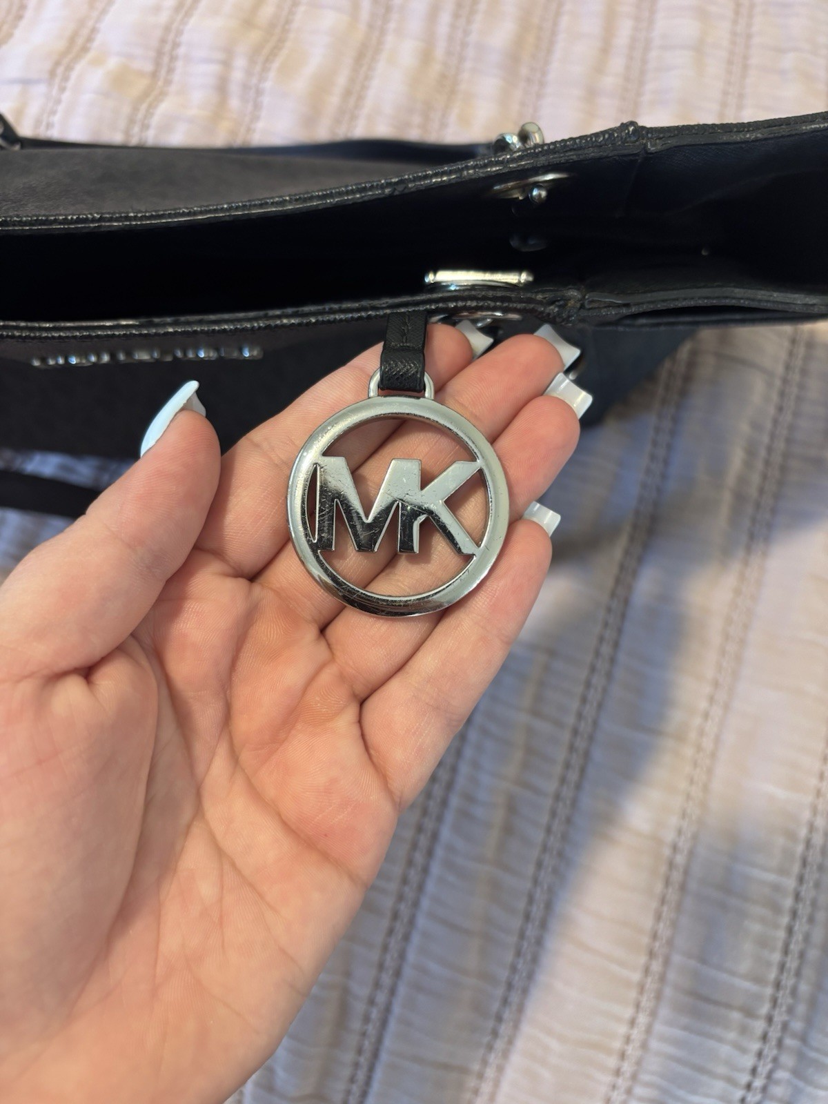 Michael Kors Black Logo Tote Zip Top, Chain Accents, Silver Hardware, MK Charm