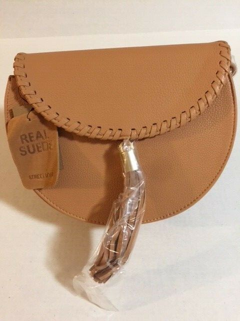 Tan Suede Half-Circle Crossbody Purse bag by Street Level – Tassel – Brand New