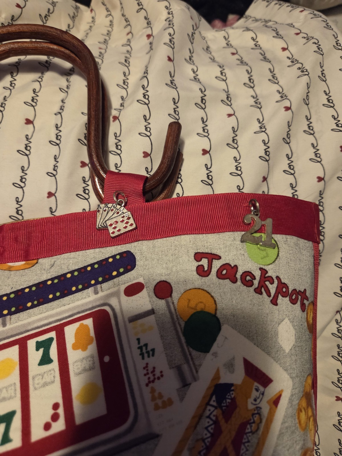 Women’s Casino Novelty Print Tote Bag Lined Snap Closure Wood Handles Charm Y2K