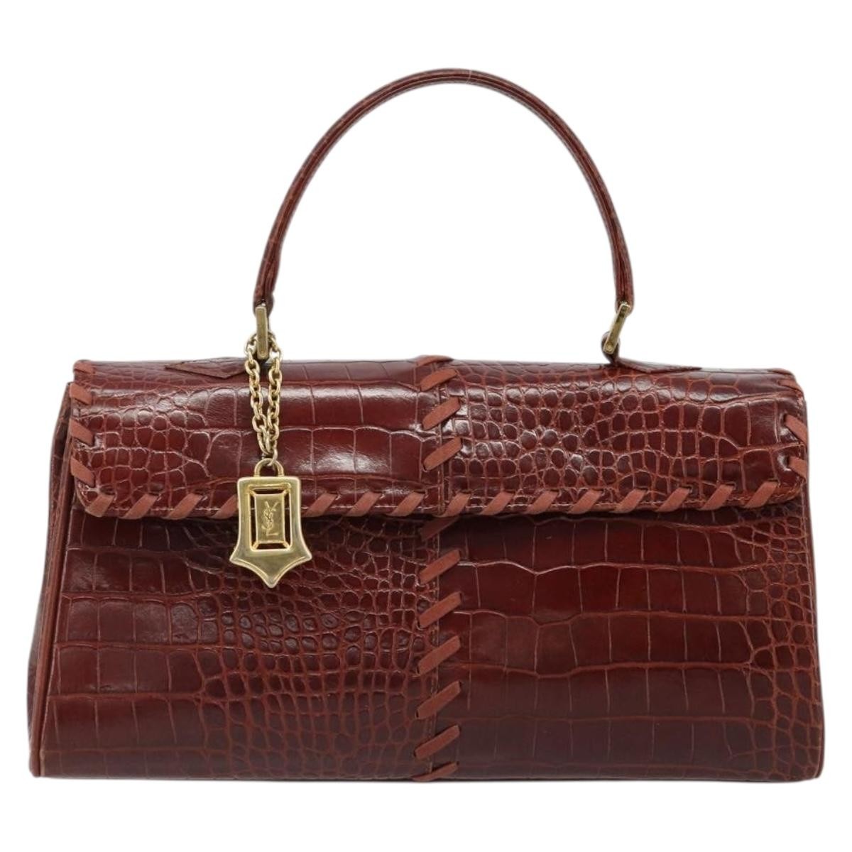 SAINT LAURENT Hand Bag Embossed leather Brown Gold Auth 185996A