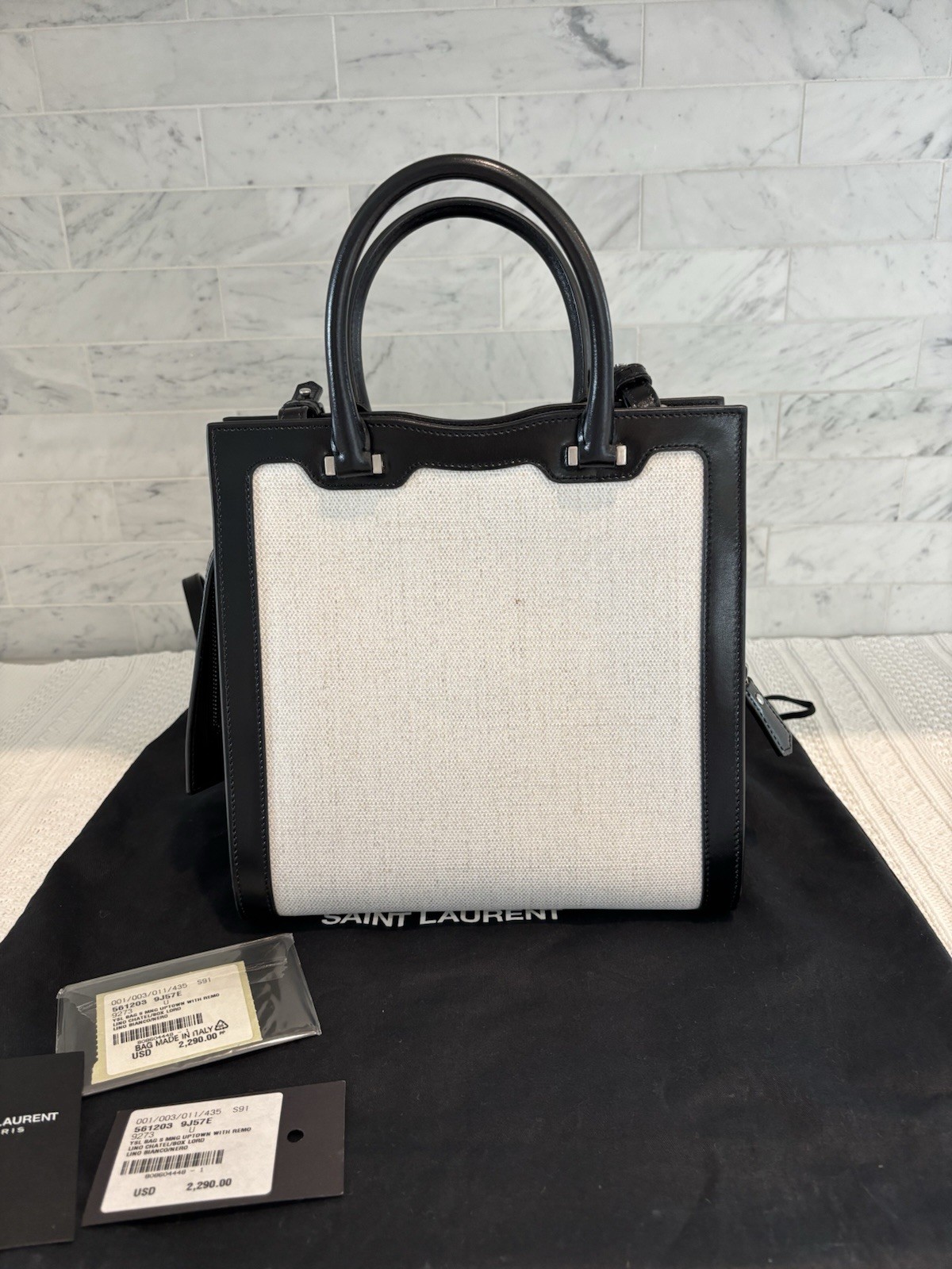 YSL Saint Laurent Uptown NWT Linen & Black Leather Mini With Removable Pouch