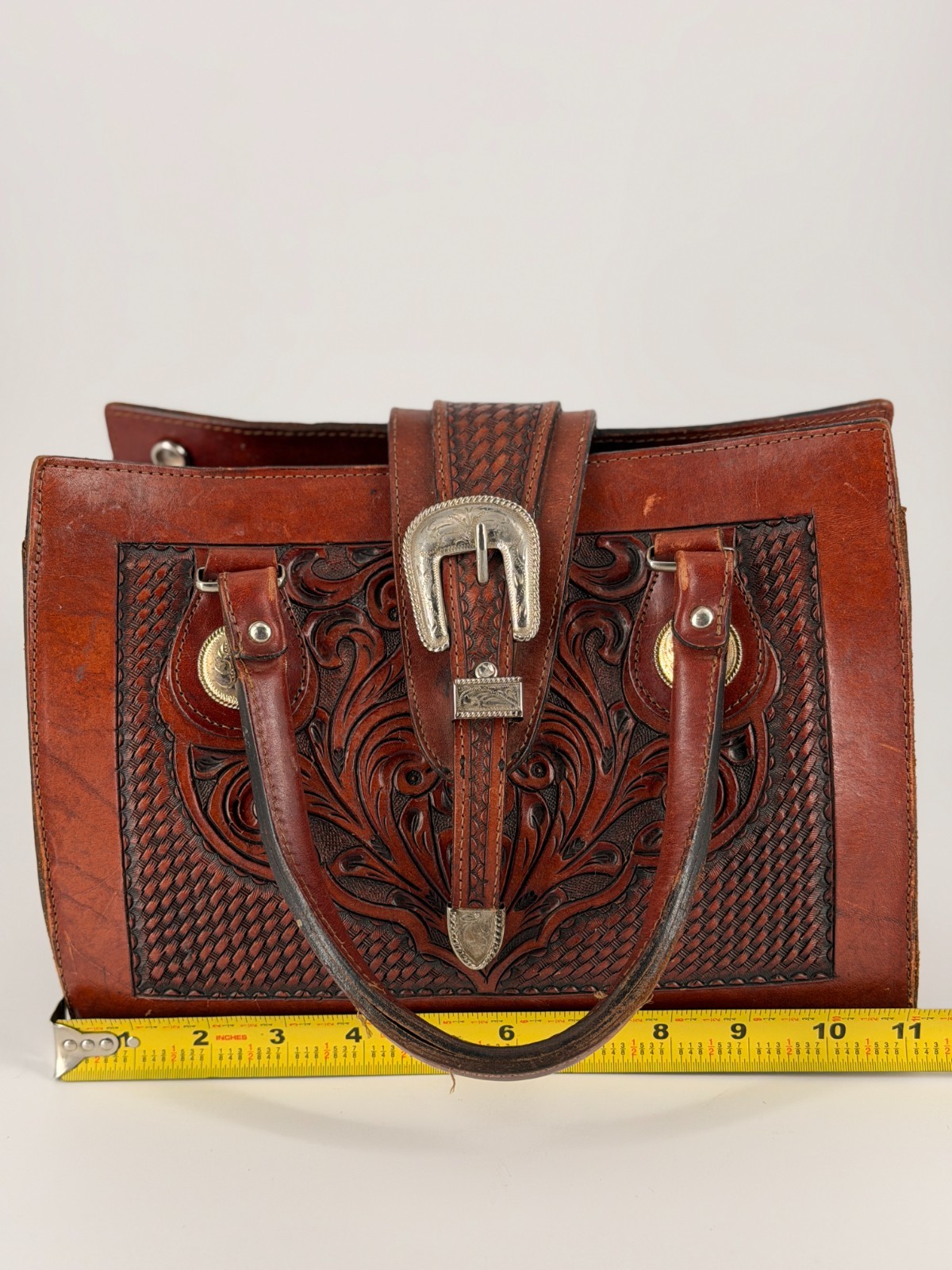 Vintage Tooled Leather Western Handbag Purse Brown Floral Buckle Satchel Boho