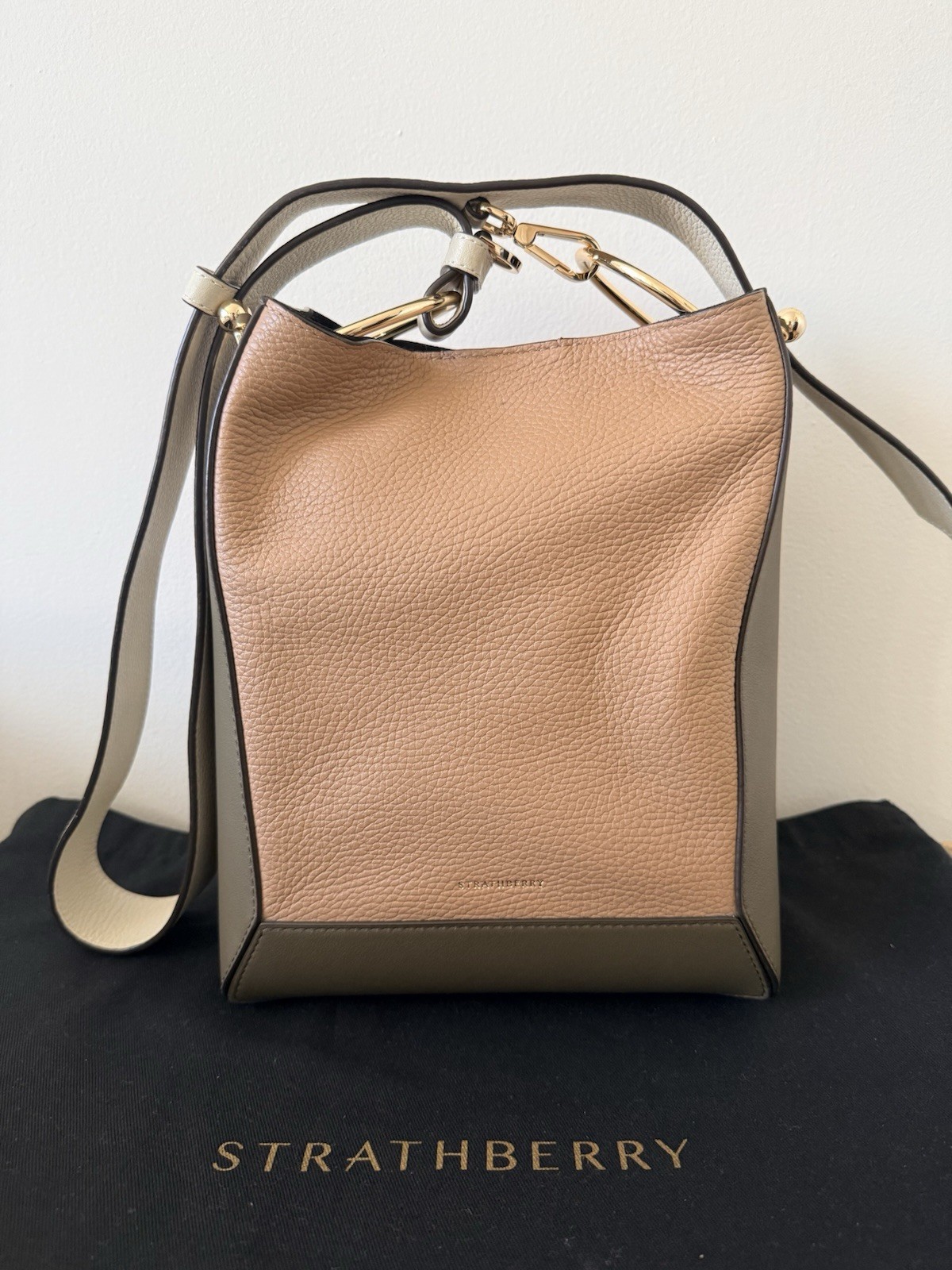 Strathberry Lana Midi Bucket Bag Tricolor Khaki/Caramel/Diamond Tags Attached