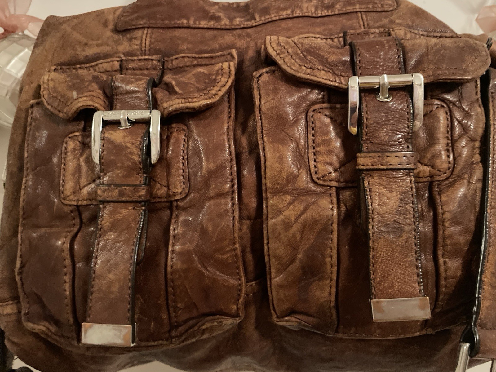 Michael Kors Brown Distressed Shoulder Bag, Zip, Buckle/Logo, Charm, Pockets